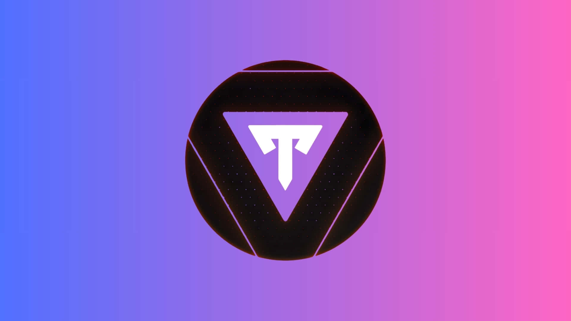  壁紙 — 一個時尚的白色「T」標誌位於黑色三角形和圓形內，背景為鮮豔的藍色到粉紅色漸變。