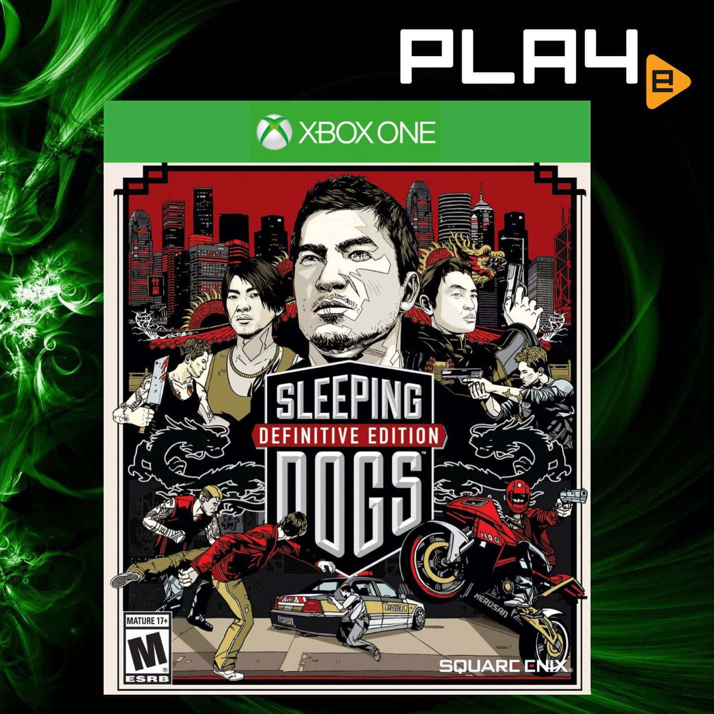 Sleeping Dogs Definitive Edition Xbox One 遊戲封面，角色在紅色城市景觀中行動。