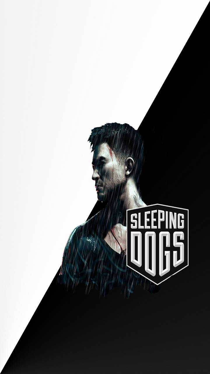 一個男人在雨中，背景黑白，帶有Sleeping Dogs標誌。
