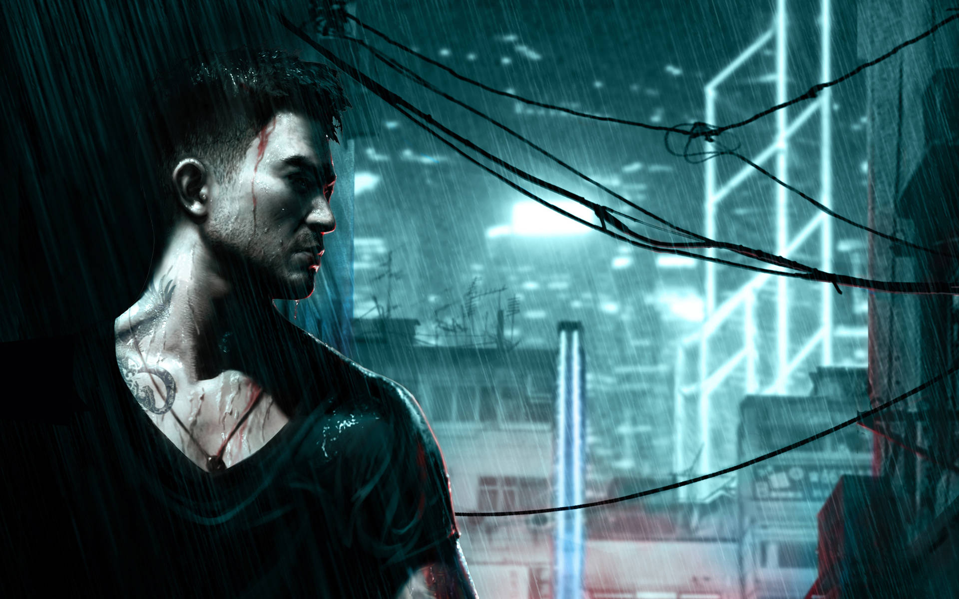 一個在雨中 cyberpunk 城市小巷裡、霓虹燈下的血人。