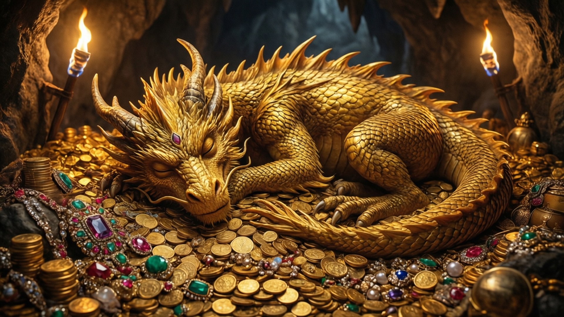 一條金龍在火炬照亮的黑暗洞穴中，在硬幣和寶石的寶藏上休息。