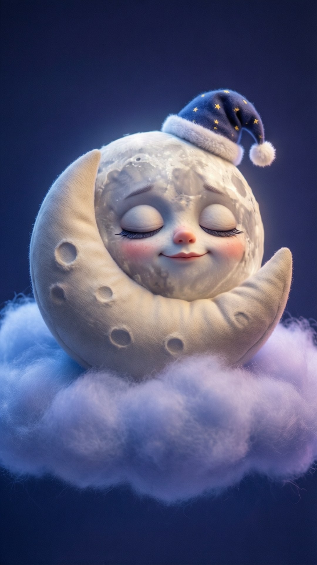 一個微笑的月亮戴著睡帽在雲上睡覺。