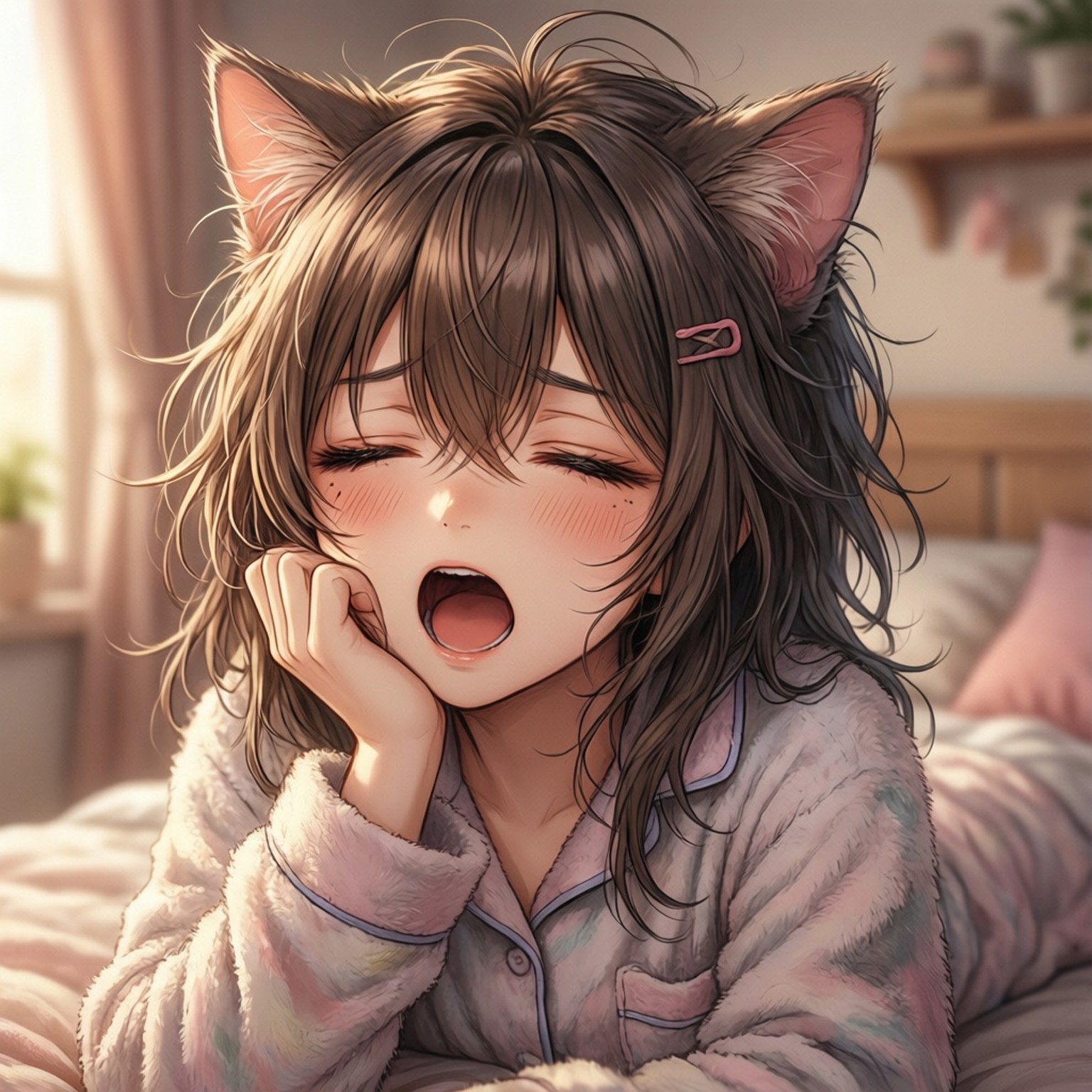 貓耳動漫女孩在床上穿著睡衣打哈欠