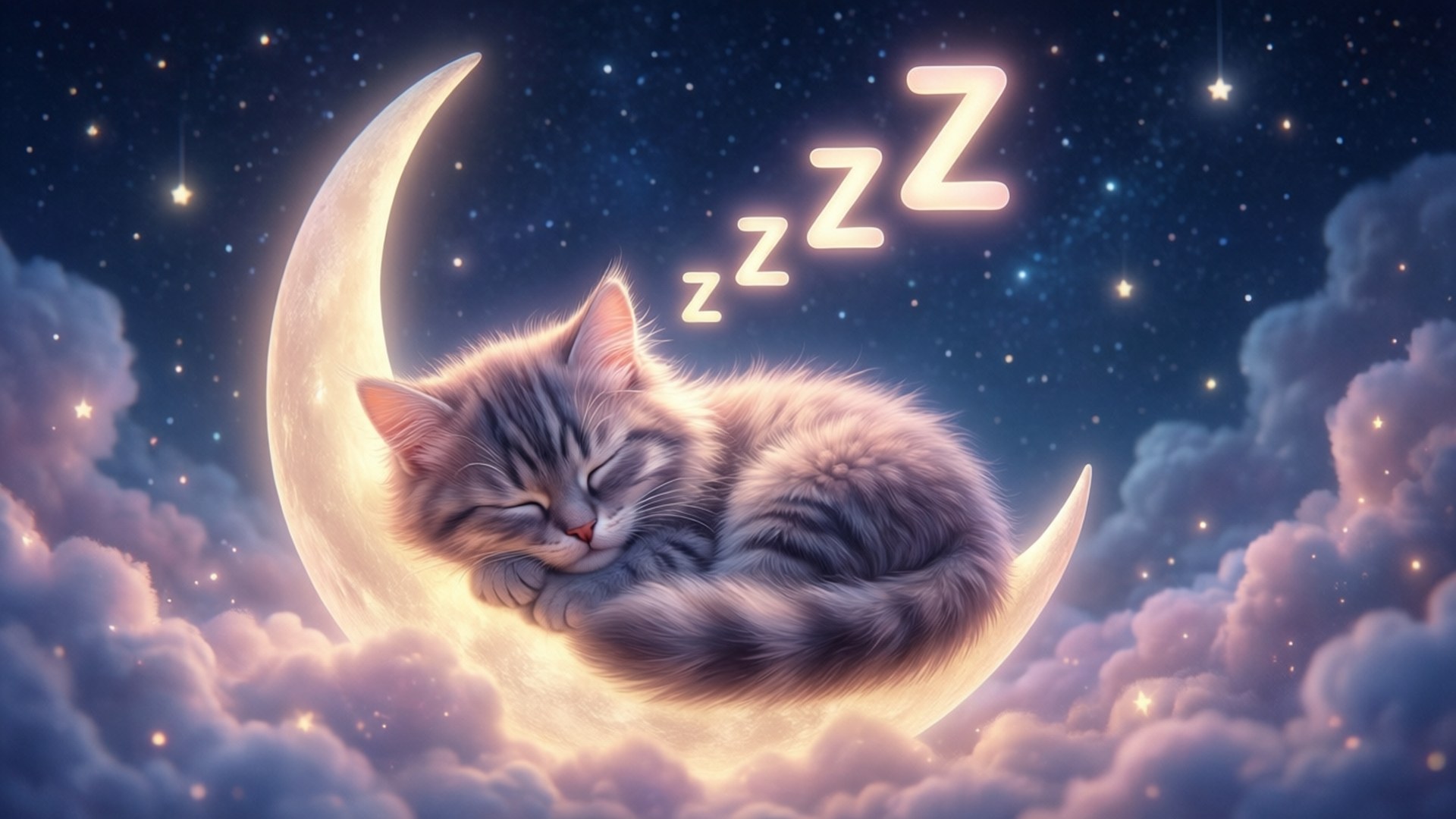 一隻灰色虎斑貓在彎月上睡覺，有漂浮的zzz，周圍有星星和雲朵。