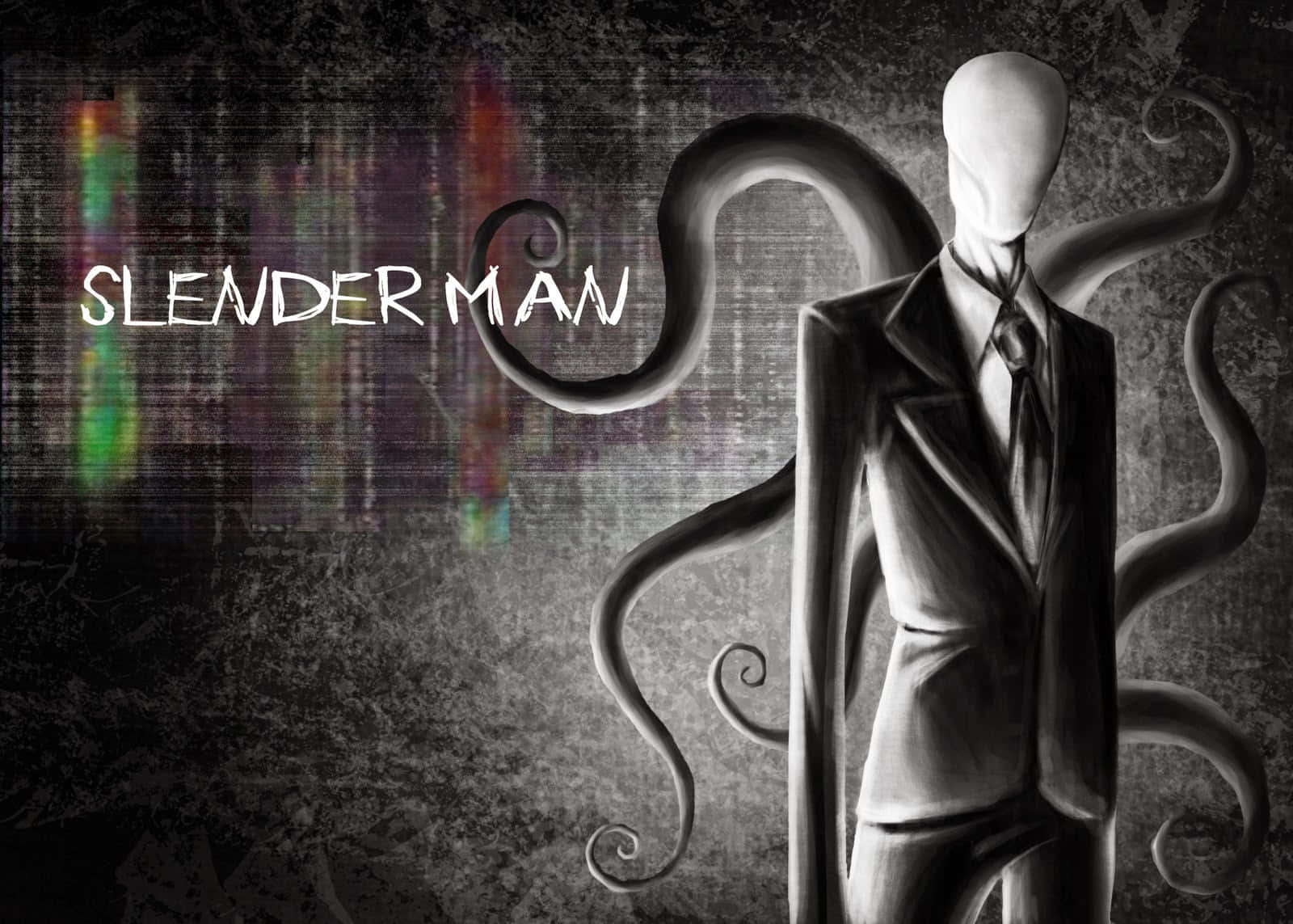 帥氣Slender Man穿西裝配觸手背景的圖片 壁紙 — 一個高大蒼白、沒有面孔、帶有多條觸手的形體從帶有故障效果的黑暗背景中浮現，旁邊有「SLENDER MAN」字樣發光。
