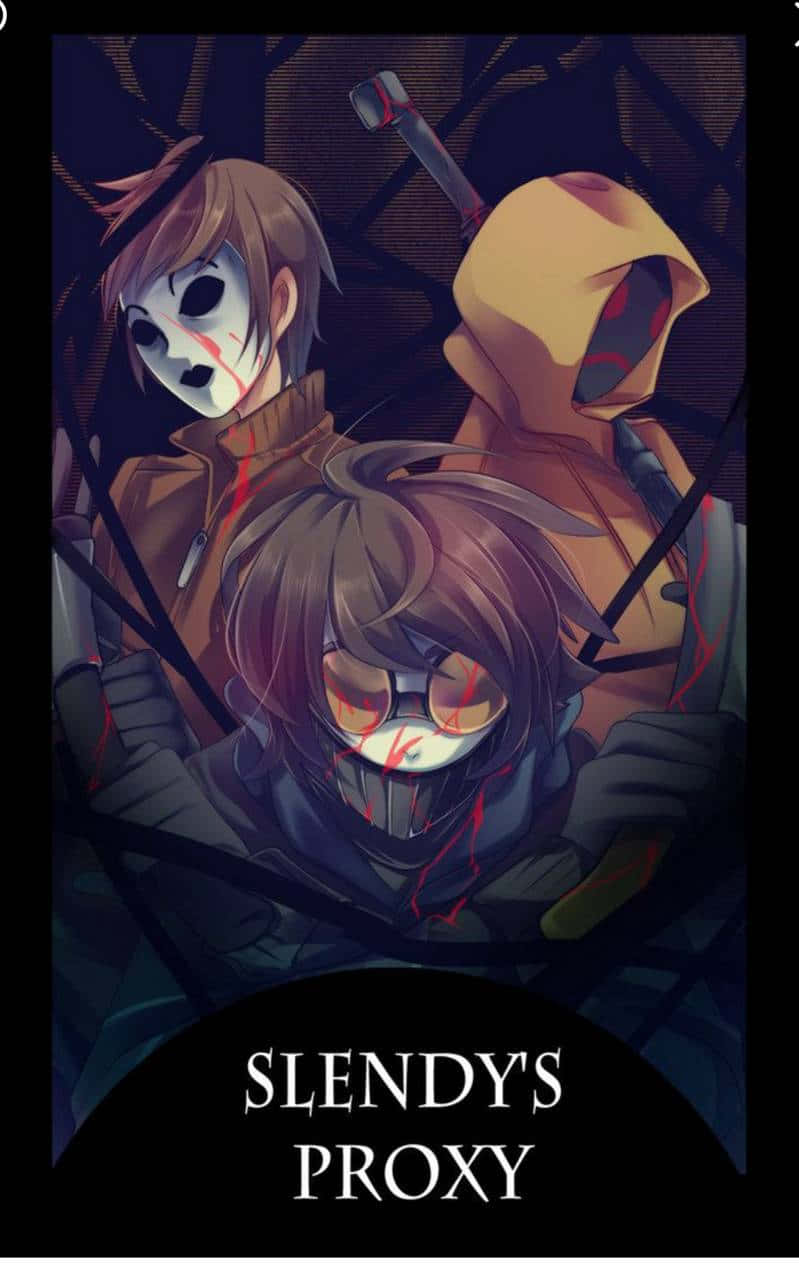 三個戴面具、帶有血痕的動漫角色，處於黑暗恐怖場景中。