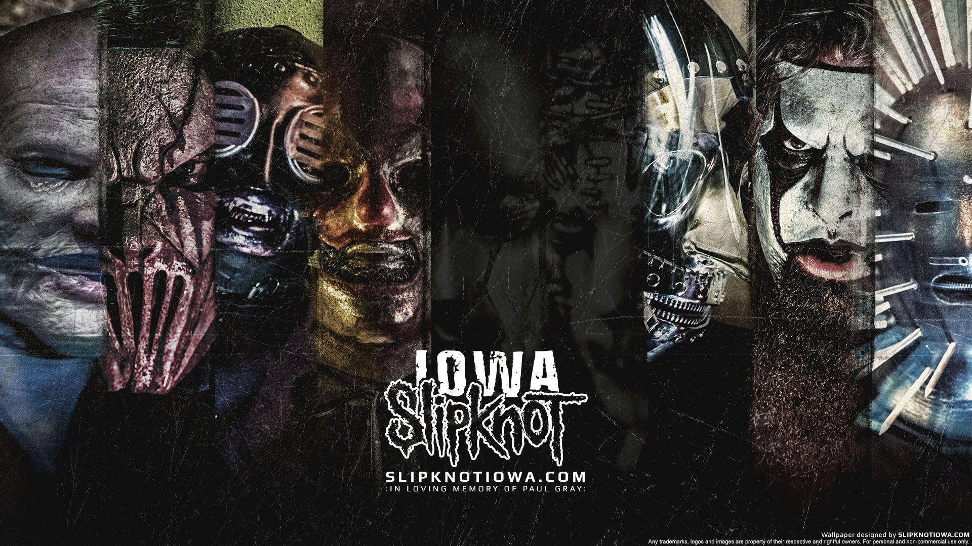 Slipknot Iowa 巡迴宣傳海報 壁紙 — 一張黑暗粗糙的拼貼畫，展示Slipknot樂隊成員全副妝容和面具，表情強烈。