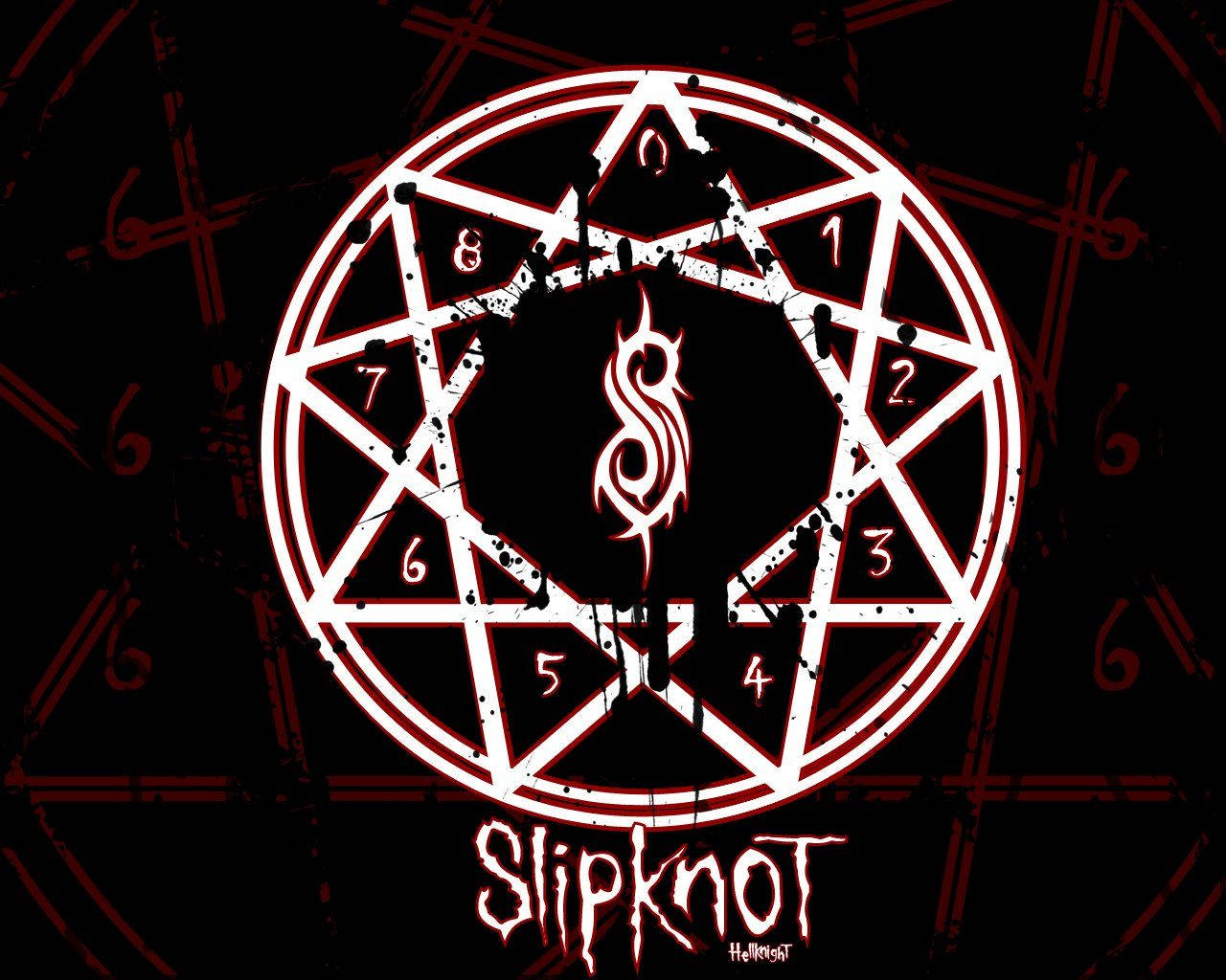Slipknot 九芒星標誌壁紙 壁紙 — 一個清晰的白色五角星，帶有數字和風格化的S符號，在黑色背景上帶有紅色神秘符號。