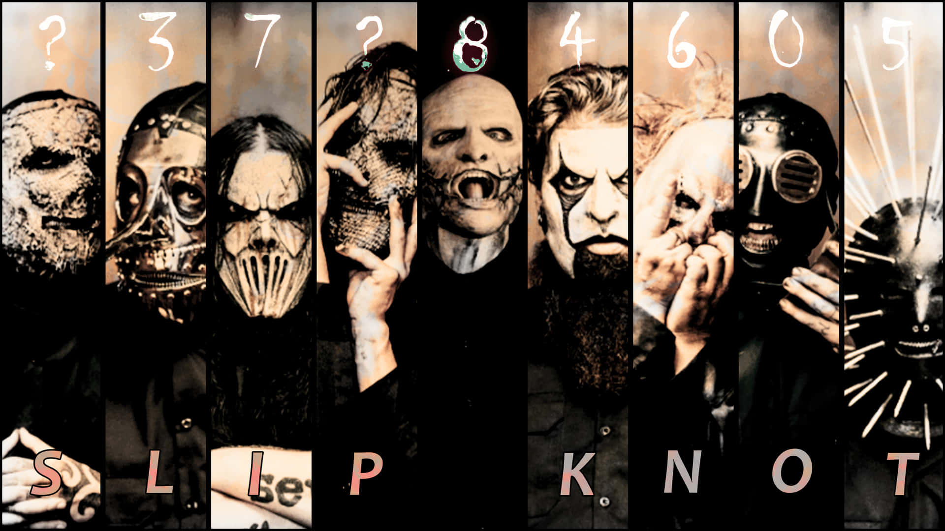Slipknot 帶來桌面的狂野與火焰 壁紙 — Slipknot 樂團成員以其標誌性的怪誕面具和深色服裝組成的戲劇性垂直拼貼畫。