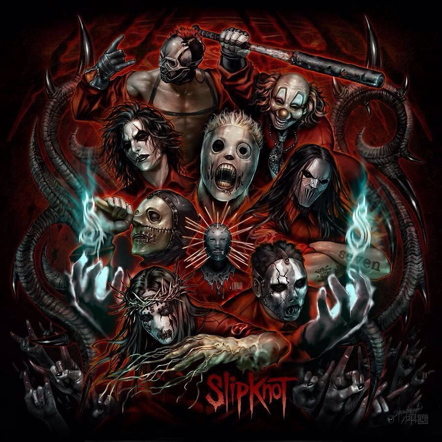 Slipknot 成員宣傳海報壁紙 壁紙 — 七個戴面具的重金屬樂隊成員，帶有惡魔角和發光的手，在深紅色背景前擺出威脅姿勢。