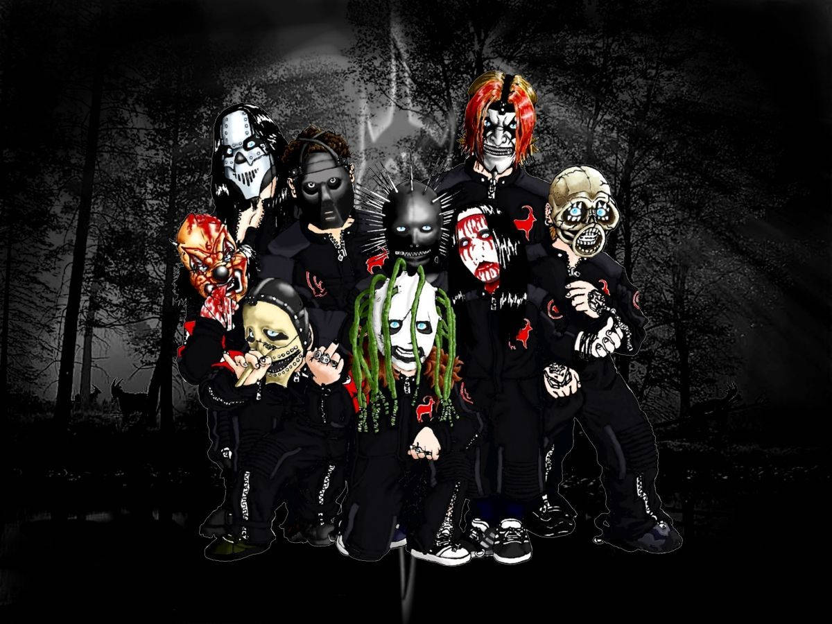 Slipknot 成員玩具人偶壁紙 壁紙 — 七個戴面具、身穿黑色服裝的人物在夜晚的黑暗森林中威脅性地站立，帶有詭異發光的眼睛和紅色點綴。