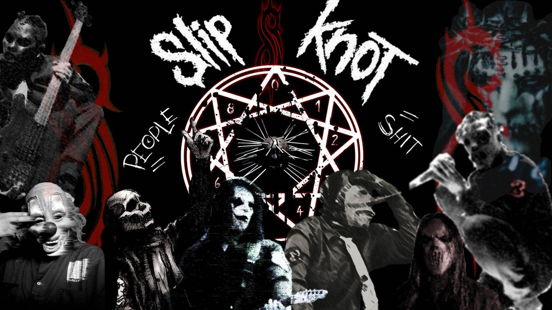 Slipknot 樂迷自製拼貼壁紙 壁紙 — 一張黑暗的拼貼畫，Slip Knot 樂隊成員戴著面具和樂器，圍繞著中央的五角星標誌。