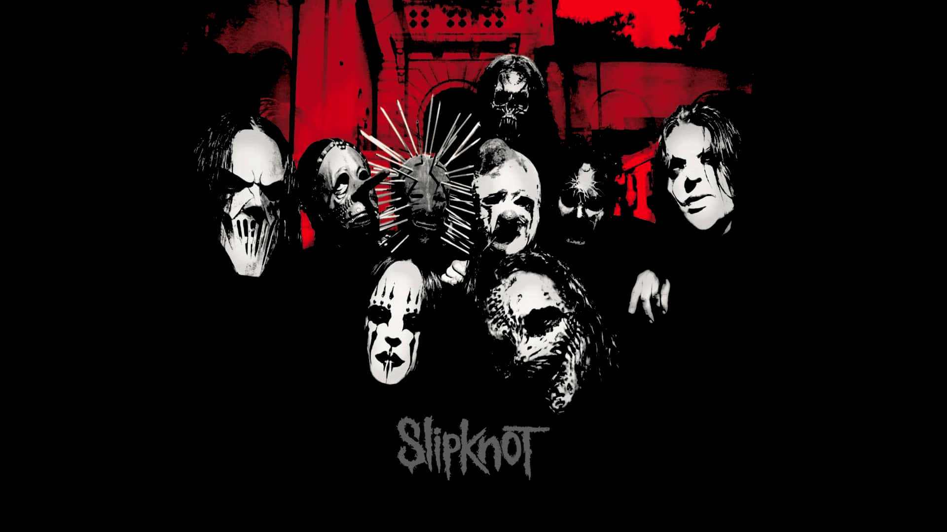 Slipknot 樂團成員戴著面具，黑色背景上有紅色潑濺。