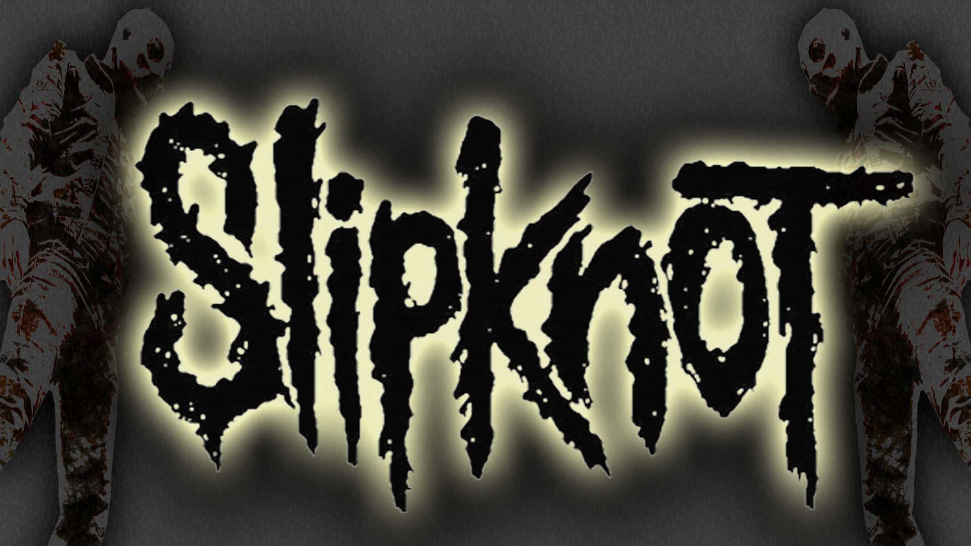 Slipknot樂隊名稱桌面海報 壁紙 — 發光的黑色 Slipknot 標誌，背景有殭屍人物，襯以深灰色背景。