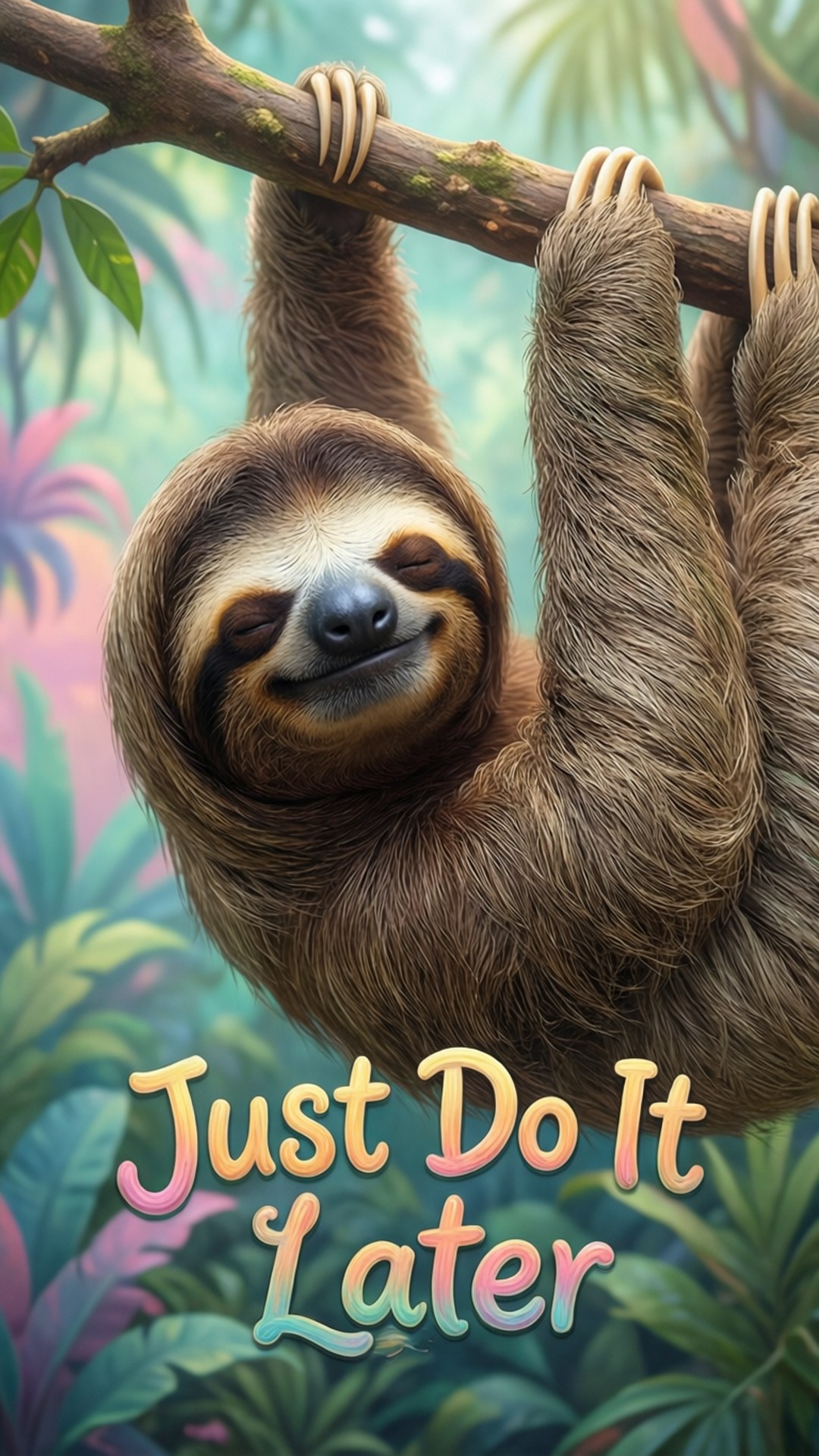 一隻快樂的樹懶掛在枝頭上，身處茂密的叢林，顯示著「Just Do It Later」這句話。