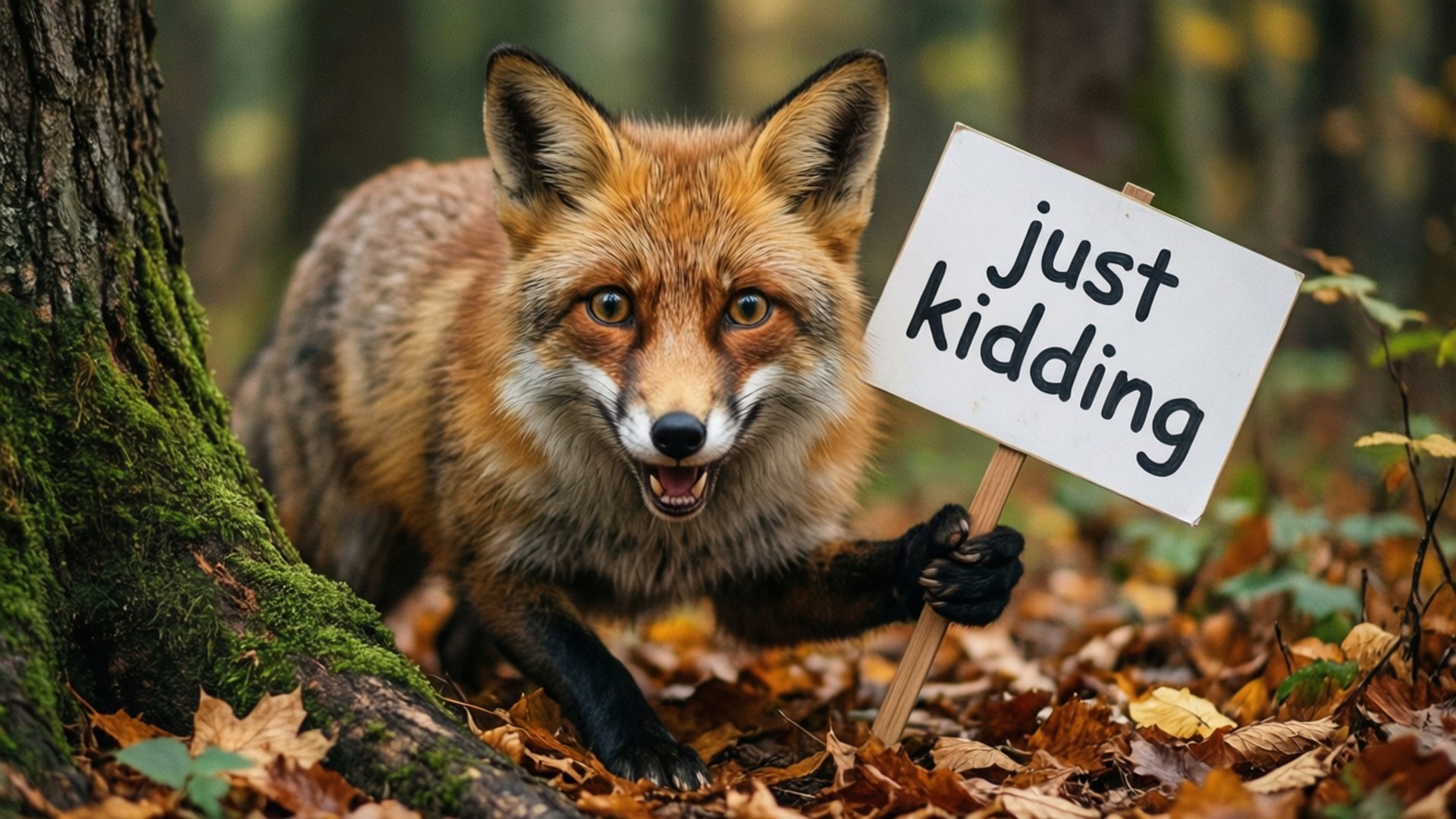一隻紅狐在落葉森林中舉著寫有「just kidding」的牌子。