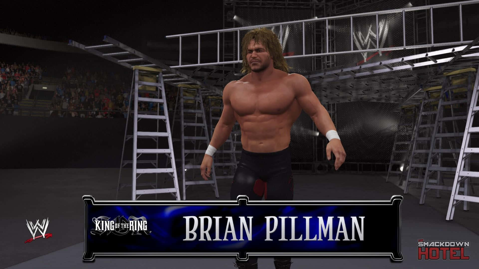 摔角手 Brian Pillman 在黑暗的競技場中，有梯子和群眾。