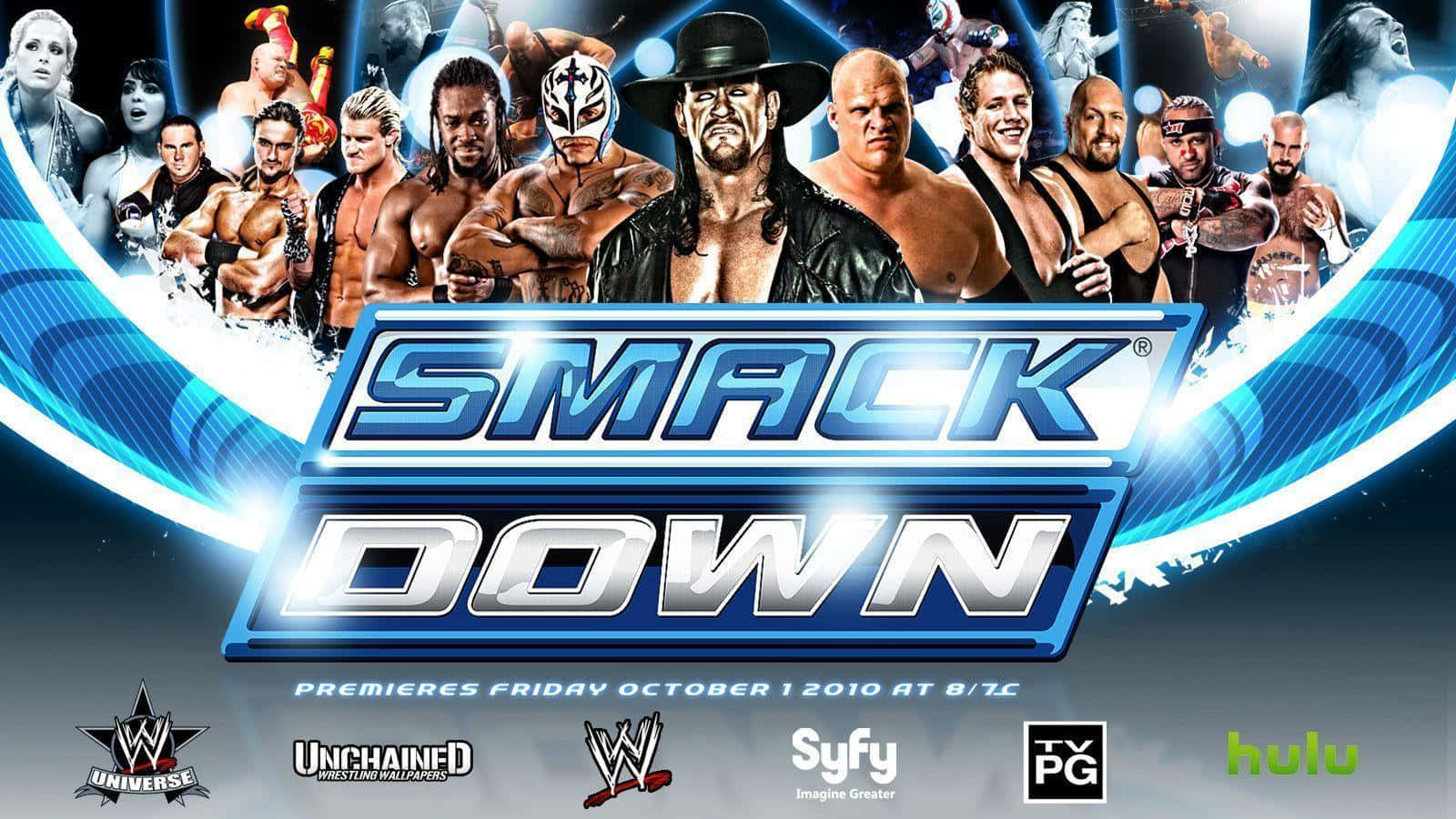 WWE SmackDown電視節目宣傳海報，包含摔角手和廣播標誌。