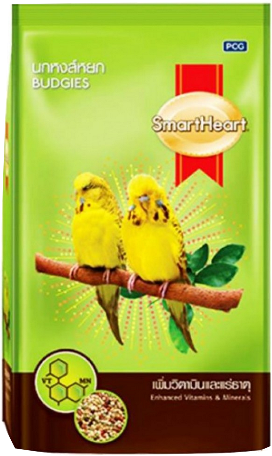 SmartHeart 貓頭鷹鳥飼料包裝 壁紙 — 兩隻鮮黃色虎皮鸚鵡棲息在樹枝上，背景是充滿活力的綠色，帶有太陽光線和產品文字。