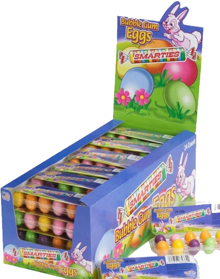 Smarties泡泡糖蛋展示盒 壁紙 — 色彩繽紛的Smarties Bubble Gum Eggs展示，在鮮綠色和藍色盒子上有粉彩蛋和兔子圖案。