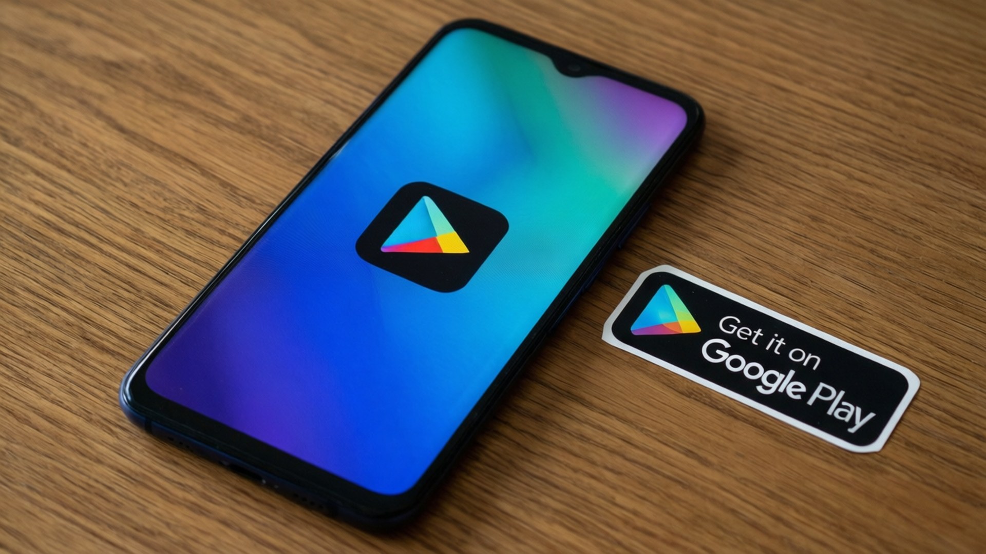 Get It On Google Play 桌布 壁紙 — 一部顯示Google Play標誌的智能手機，旁邊放著一張「Get it on Google Play」貼紙，置於木質表面上。