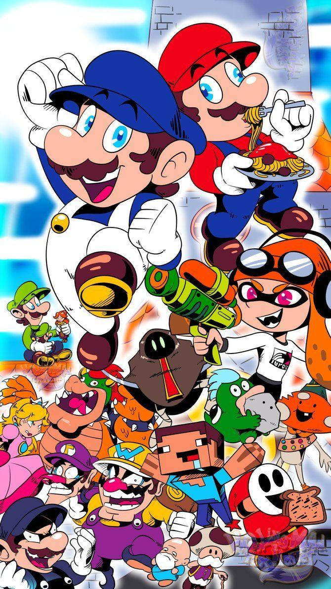 SMG4 角色群像畫 壁紙 — 一幅充滿活力的數位拼貼畫，描繪了瑪利歐、路易吉和斯普拉遁等標誌性電玩角色，在明亮的藍色背景上擺出動態姿勢。
