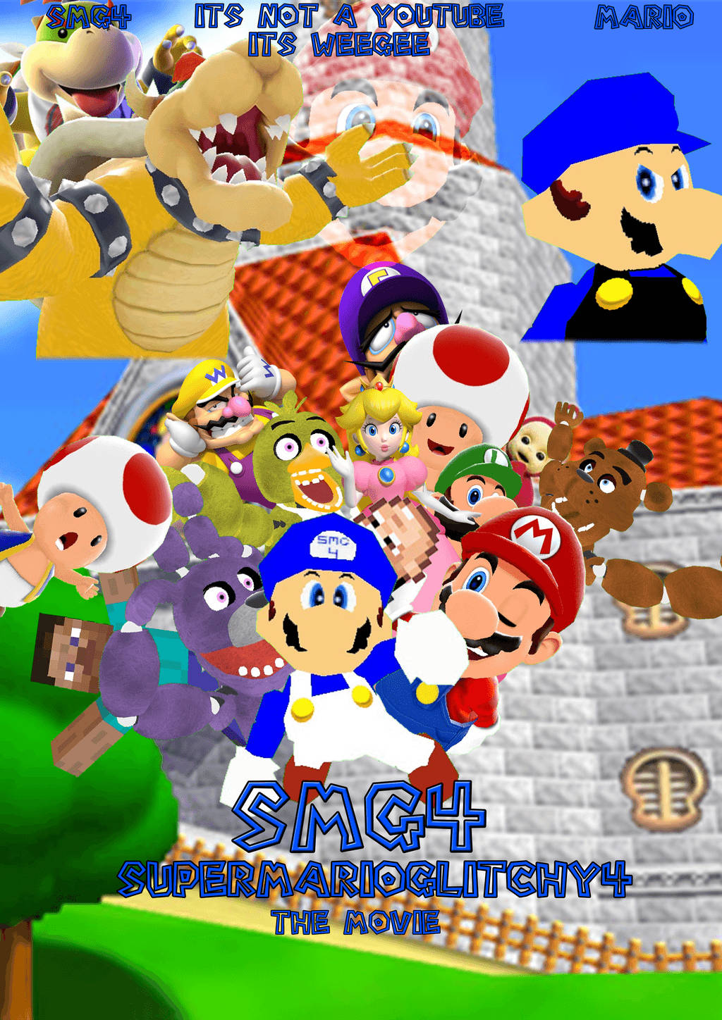 SMG4角色同框肖像 壁紙 — 一個混亂的拼貼畫，包含像瑪利歐、路易吉和庫巴等故障風格的 3D 瑪利歐角色從城堡中爆發出來，並帶有粗體文字。