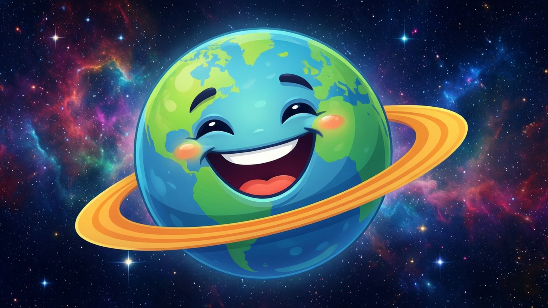 快樂的卡通地球在繁星點點的星雲中帶著一個環