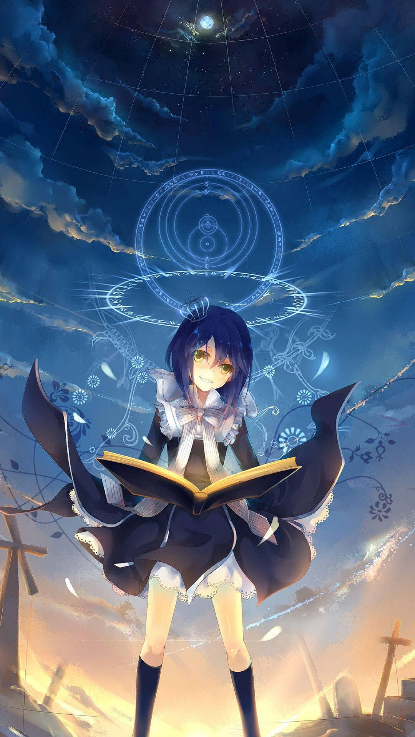 動漫女孩穿著深色連衣裙，在發光的魔法符號下於暮色天空閱讀書籍。