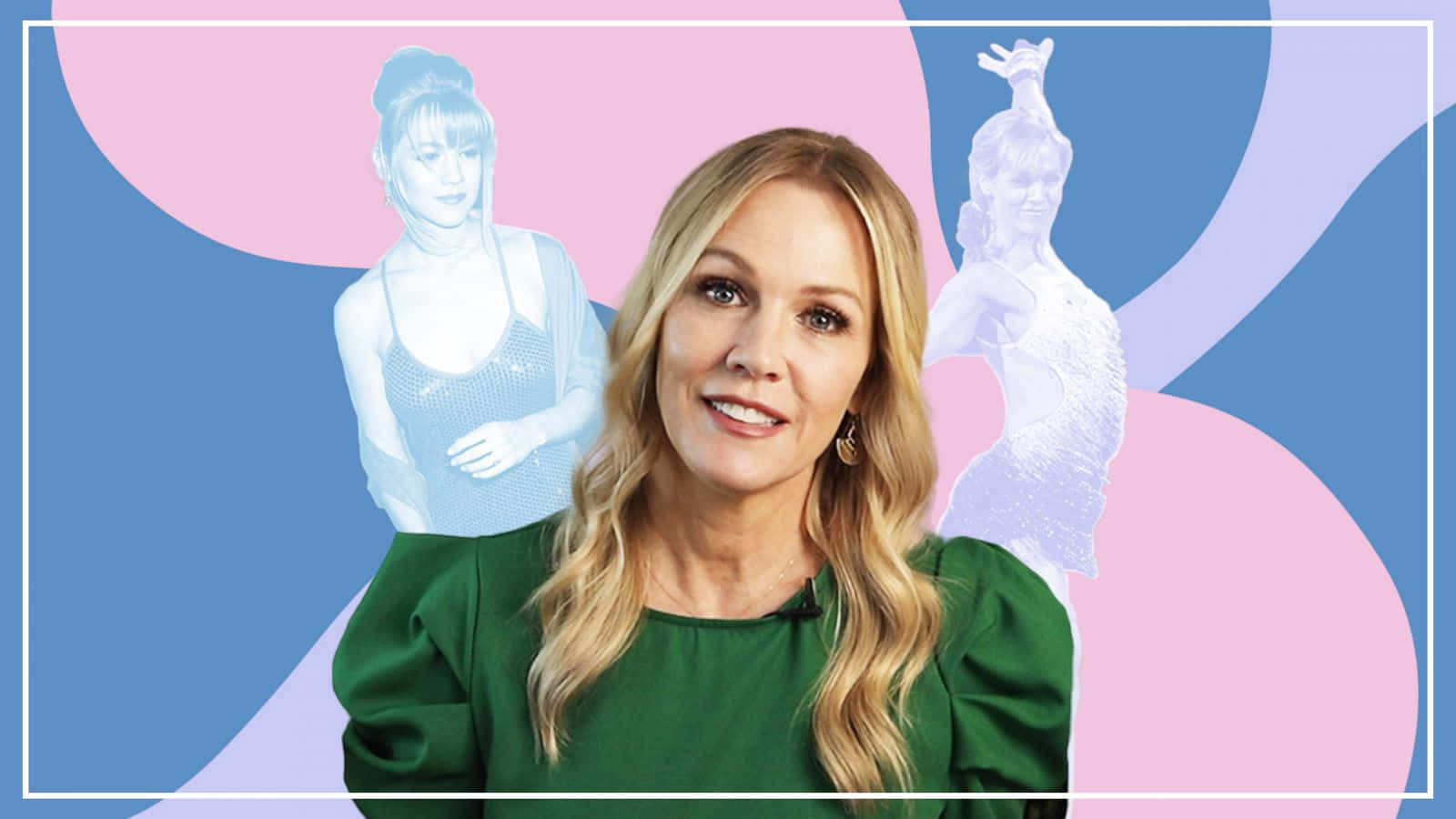 Jennie Garth 桌布 壁紙 — 一位微笑的金髮女子穿著綠色襯衫，站在一個風格化的背景前，背景有半透明的舞者剪影和粉彩粉藍色形狀。