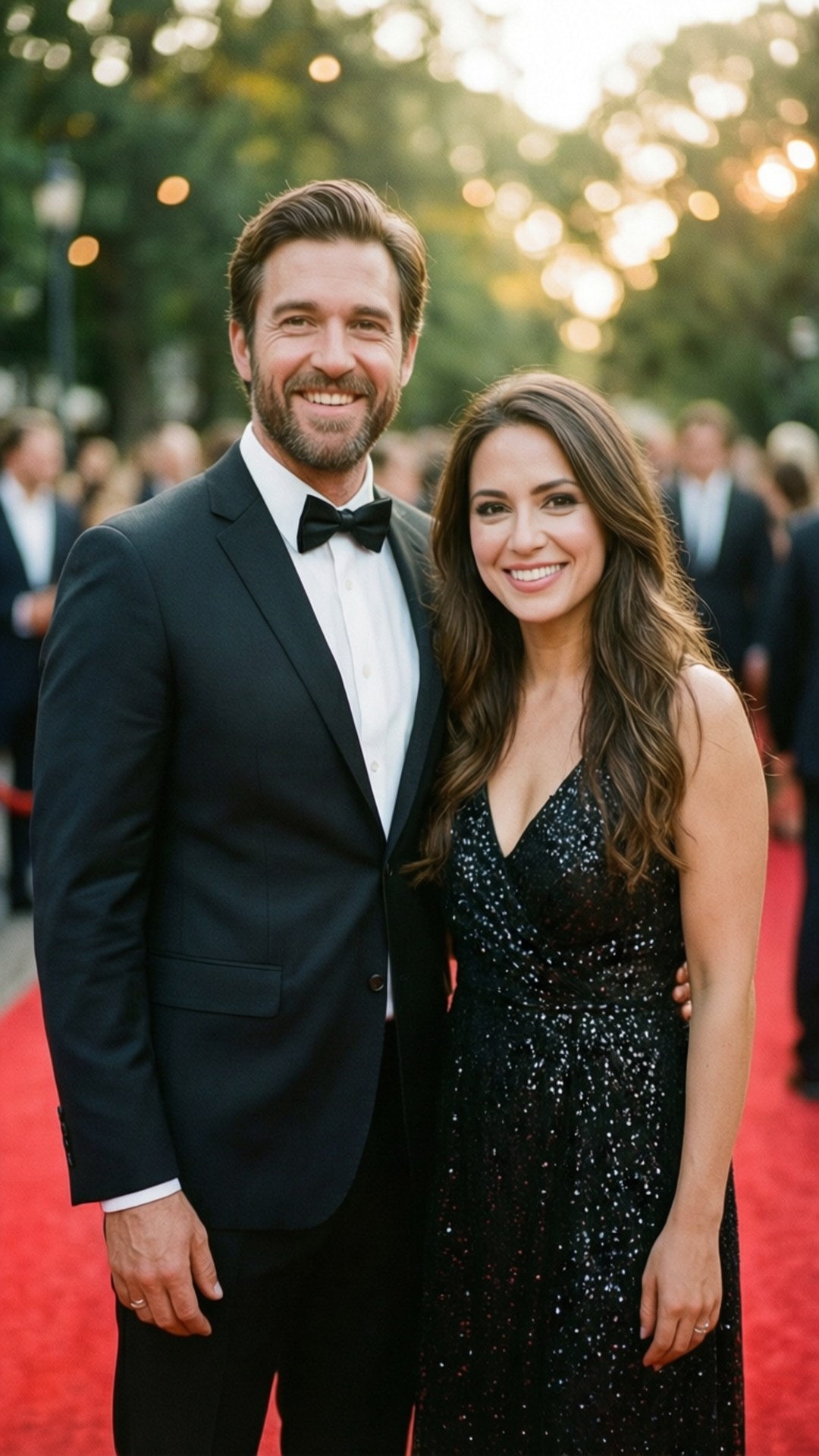 Pearce and Wife 壁紙 — 一對微笑的情侶穿著正式服裝，在紅地毯上緊密站立，背景是金色散景燈光。