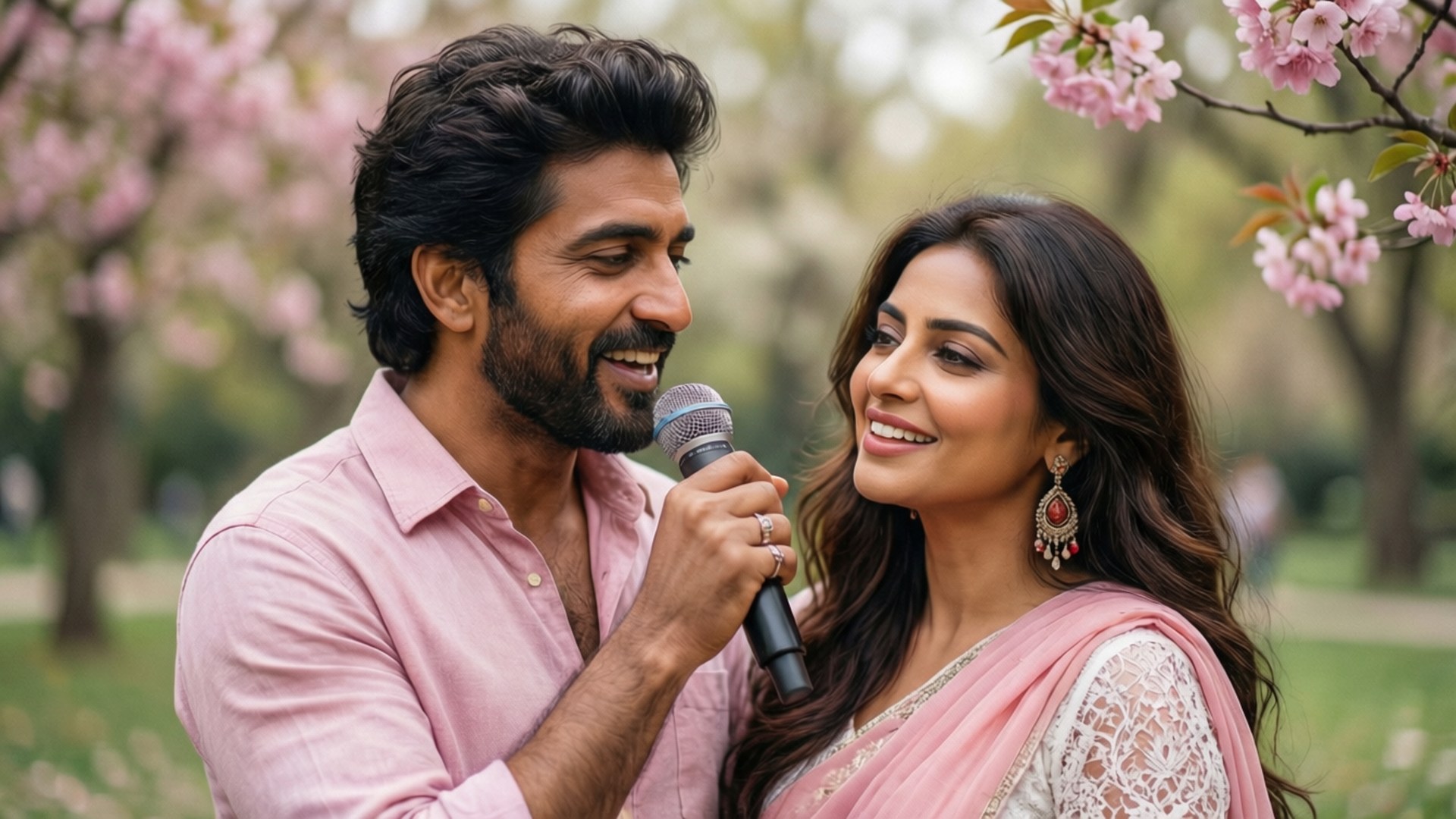 Serenade Under Blossoms 壁紙 — 一對微笑的情侶在陽光明媚的公園裏，在盛開的粉紅櫻花下分享歡樂時光。