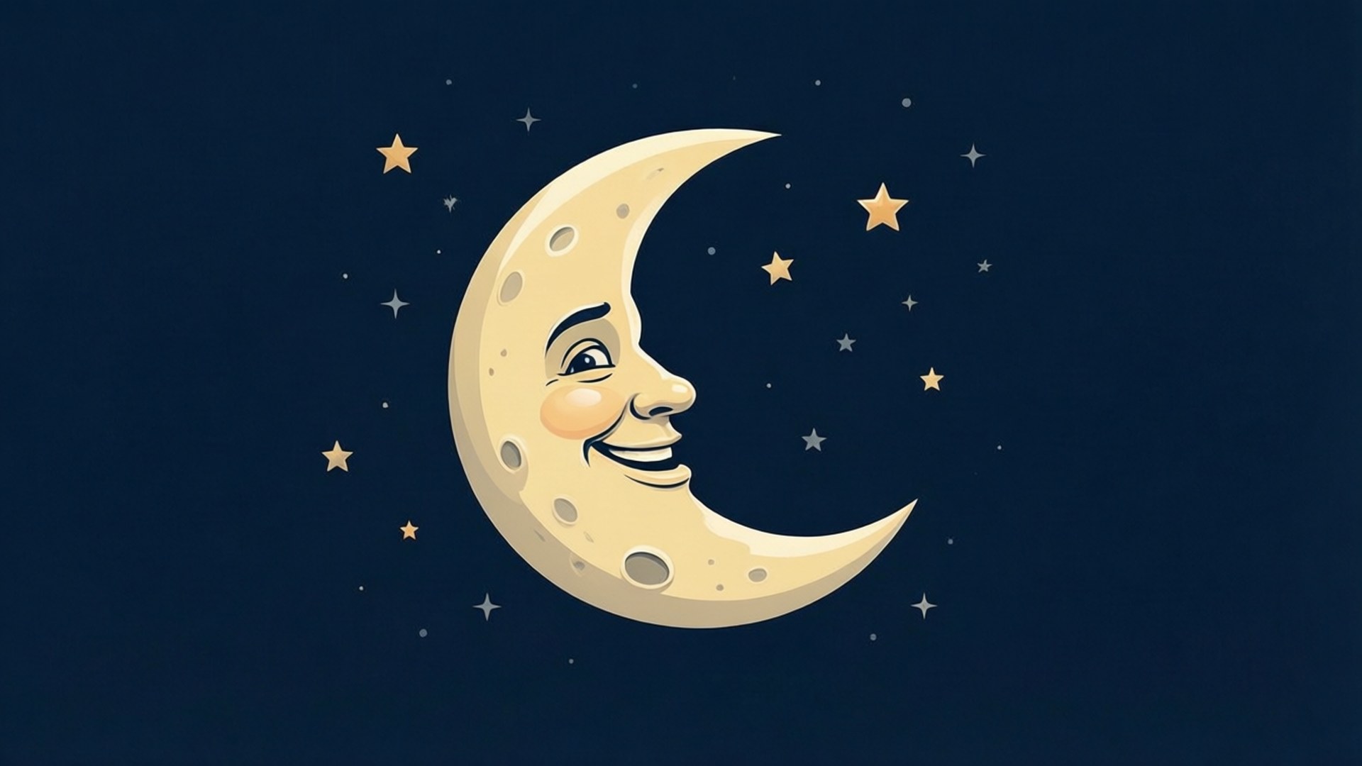 在深藍色天空中帶有星星的微笑卡通月亮。