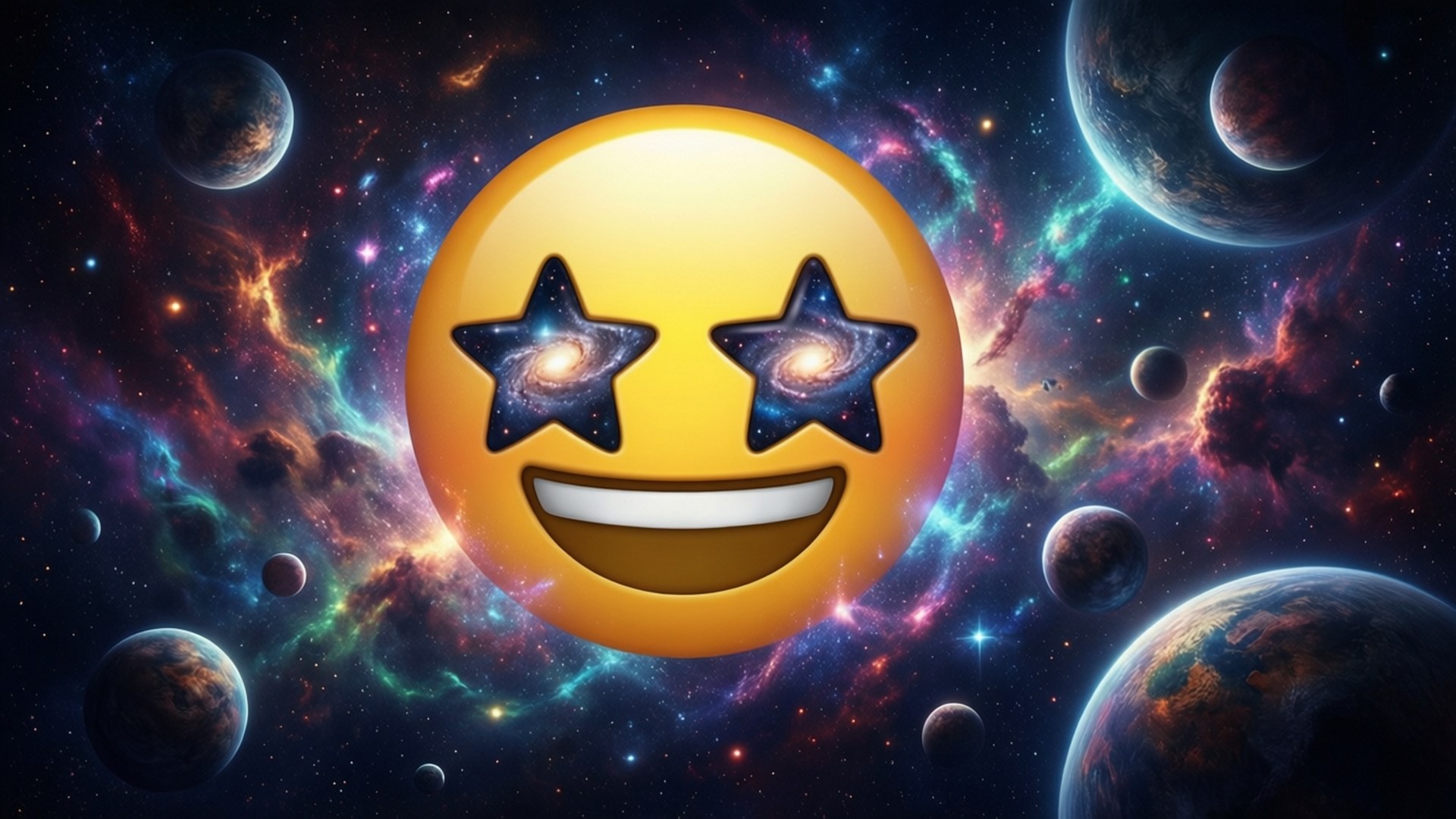 快樂的表情符號，擁有銀河眼睛，被行星和彩色太空雲環繞。