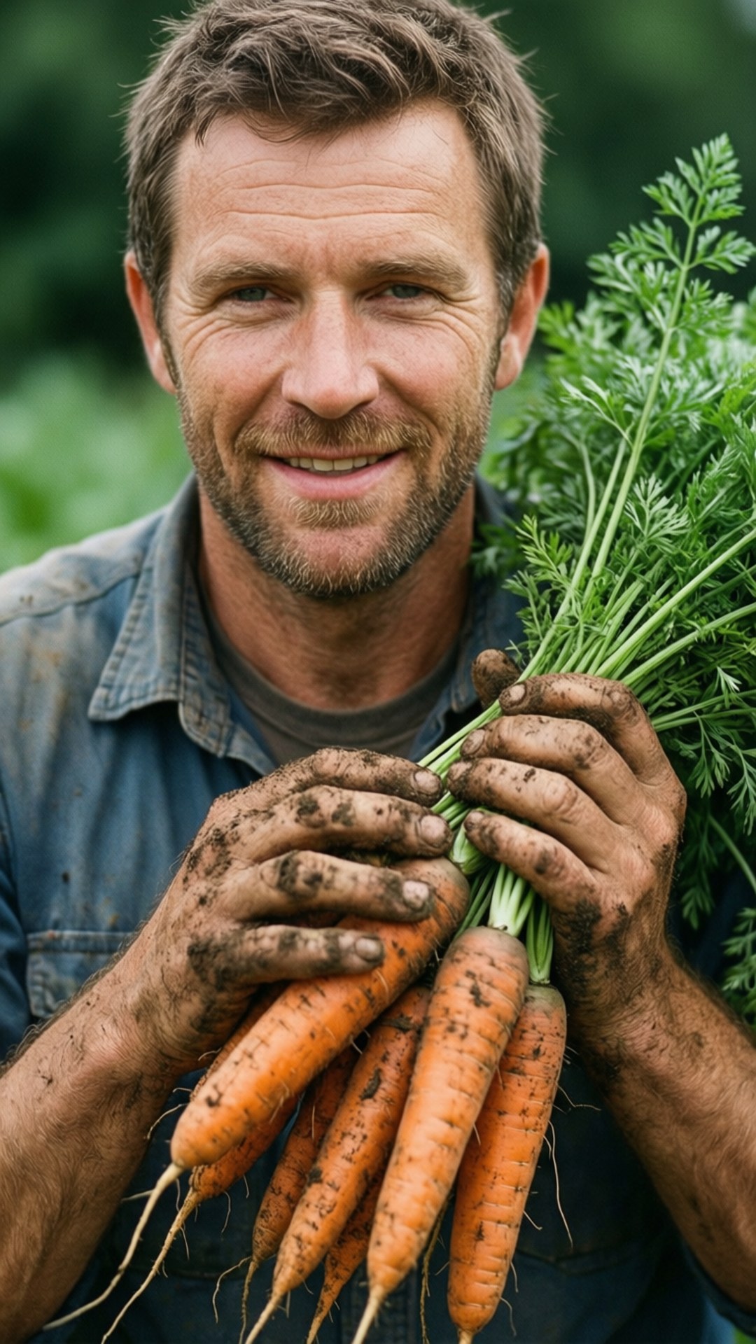 Proud Farmer Harvest 壁紙 — 一位微笑的農夫，雙手沾滿泥土，自豪地拿著一束新鮮的橙色胡蘿蔔，帶有綠色葉子，背景是模糊的綠色。