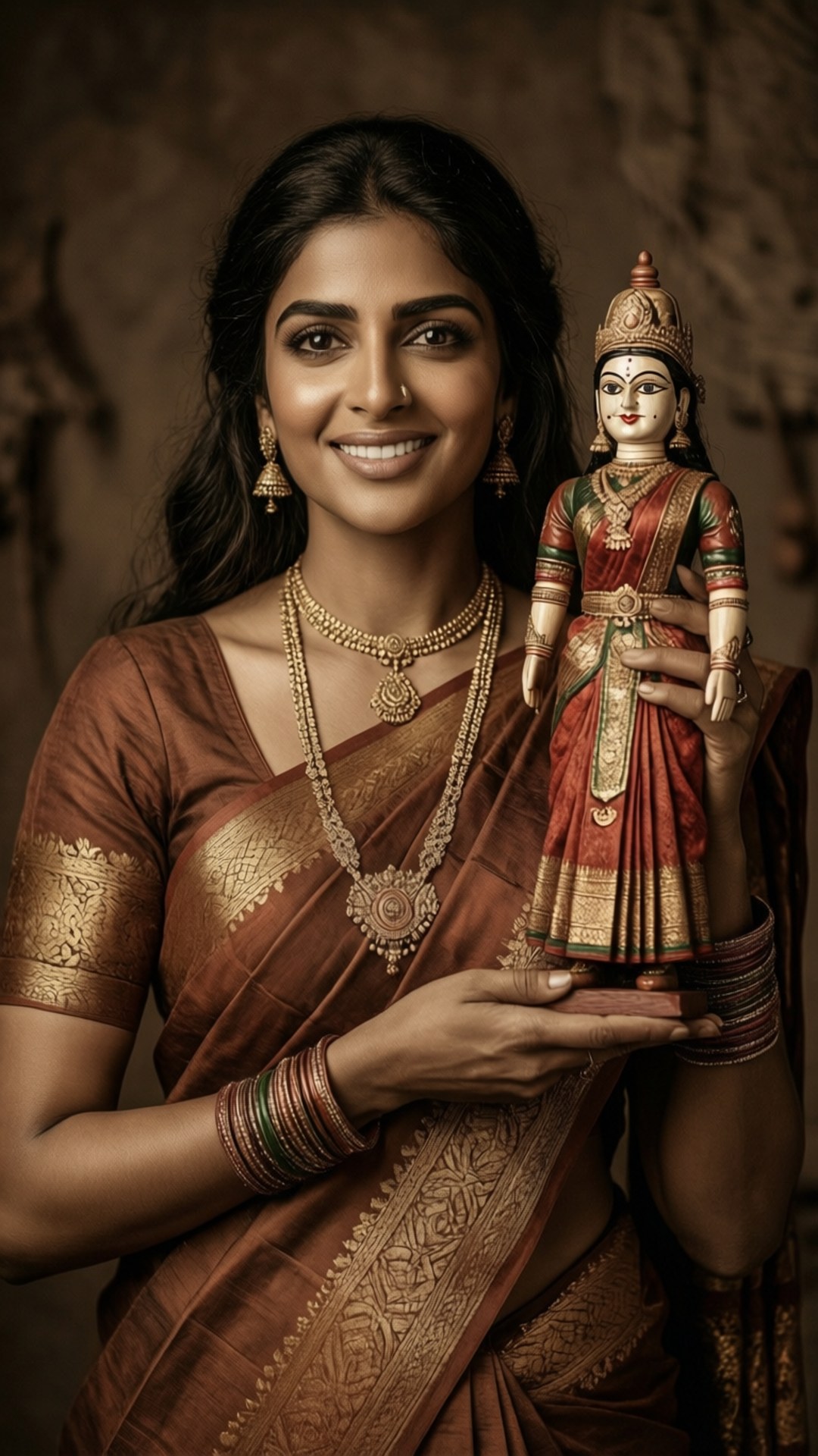 Traditional South Indian 壁紙 — 一位微笑的女性穿著傳統印度服飾，在溫暖的紋理背景前，手持一個細節豐富、裝飾華麗且穿著相配禮服的玩偶。