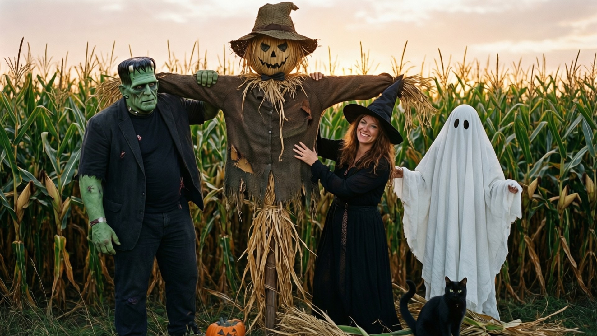 Halloween Friends 桌布 壁紙 — 一位微笑的女性穿著女巫服裝，與稻草人、科學怪人和鬼魂在金色時刻的玉米田裡與一隻黑貓擺姿勢。