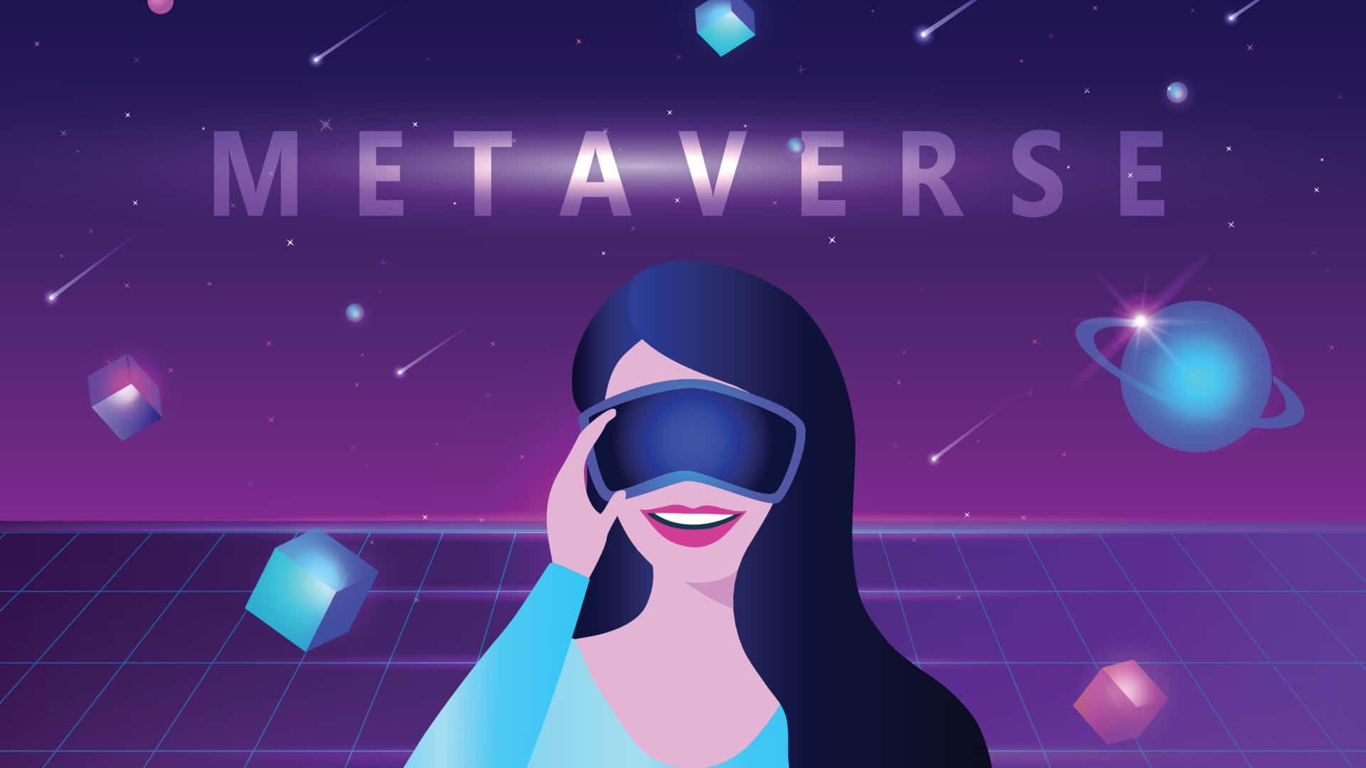  壁紙 — 一位微笑的女性戴著VR頭盔，探索一個發光的紫色元宇宙，其中有漂浮的立方體和一顆行星。