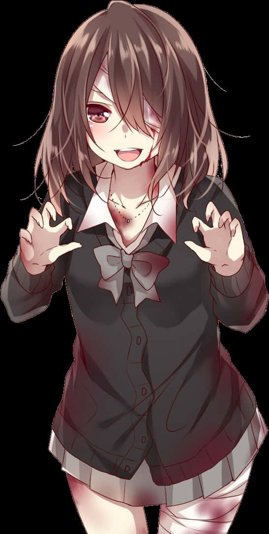 調皮 smirk 動漫少女 壁紙 — 棕髮紅眼的動漫女孩穿著校服微笑，同時展示帶爪的手。