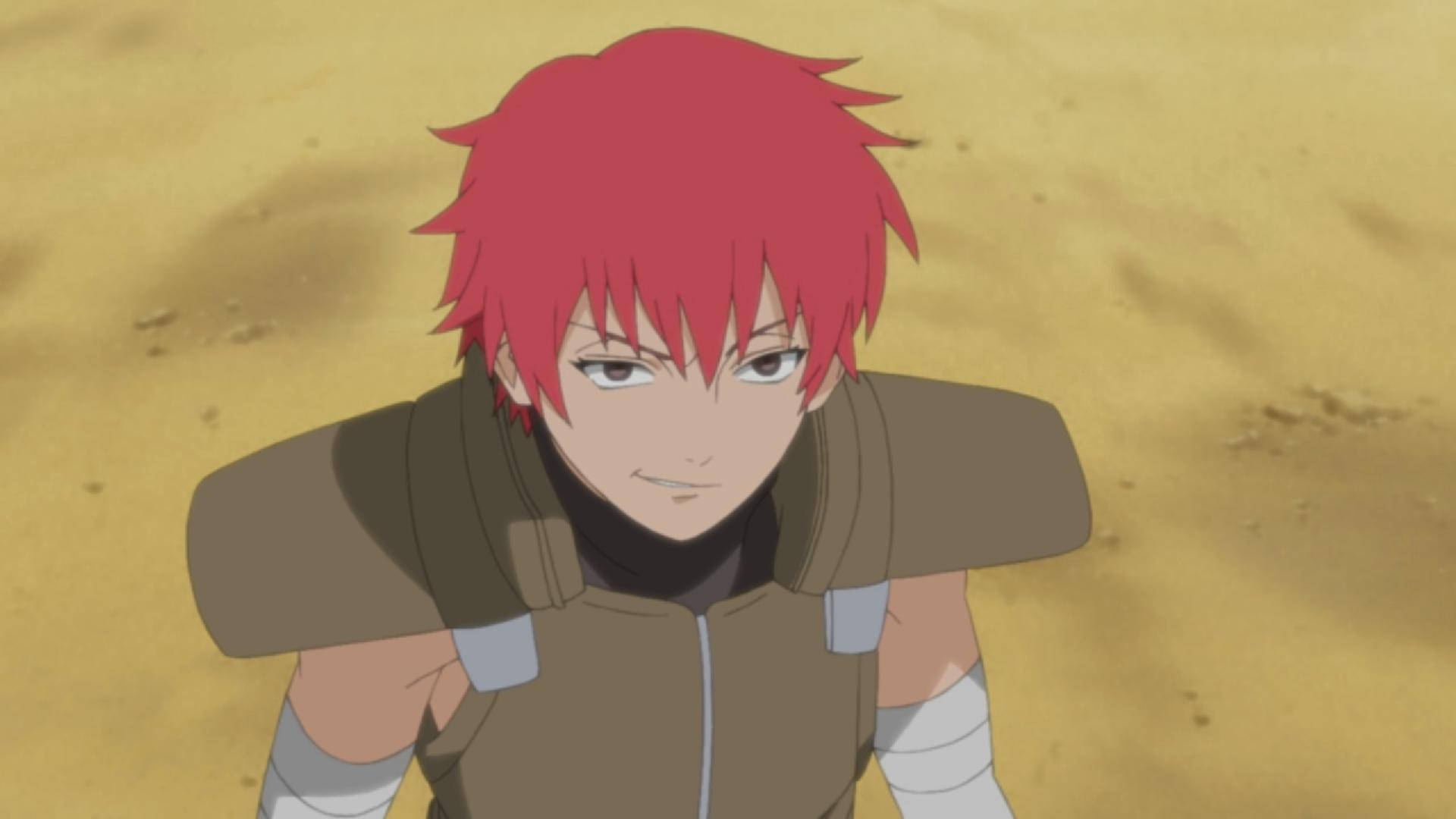 smirk 紅髮 Sasori 壁紙 — 一個紅髮動漫角色帶著堅定的表情站在沙質沙漠景觀中。