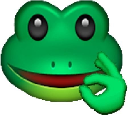 smirk表情綠色青蛙Emoji 壁紙 — 一隻亮綠色卡通青蛙，有大眼睛和寬闊的笑容，把手放在嘴上。