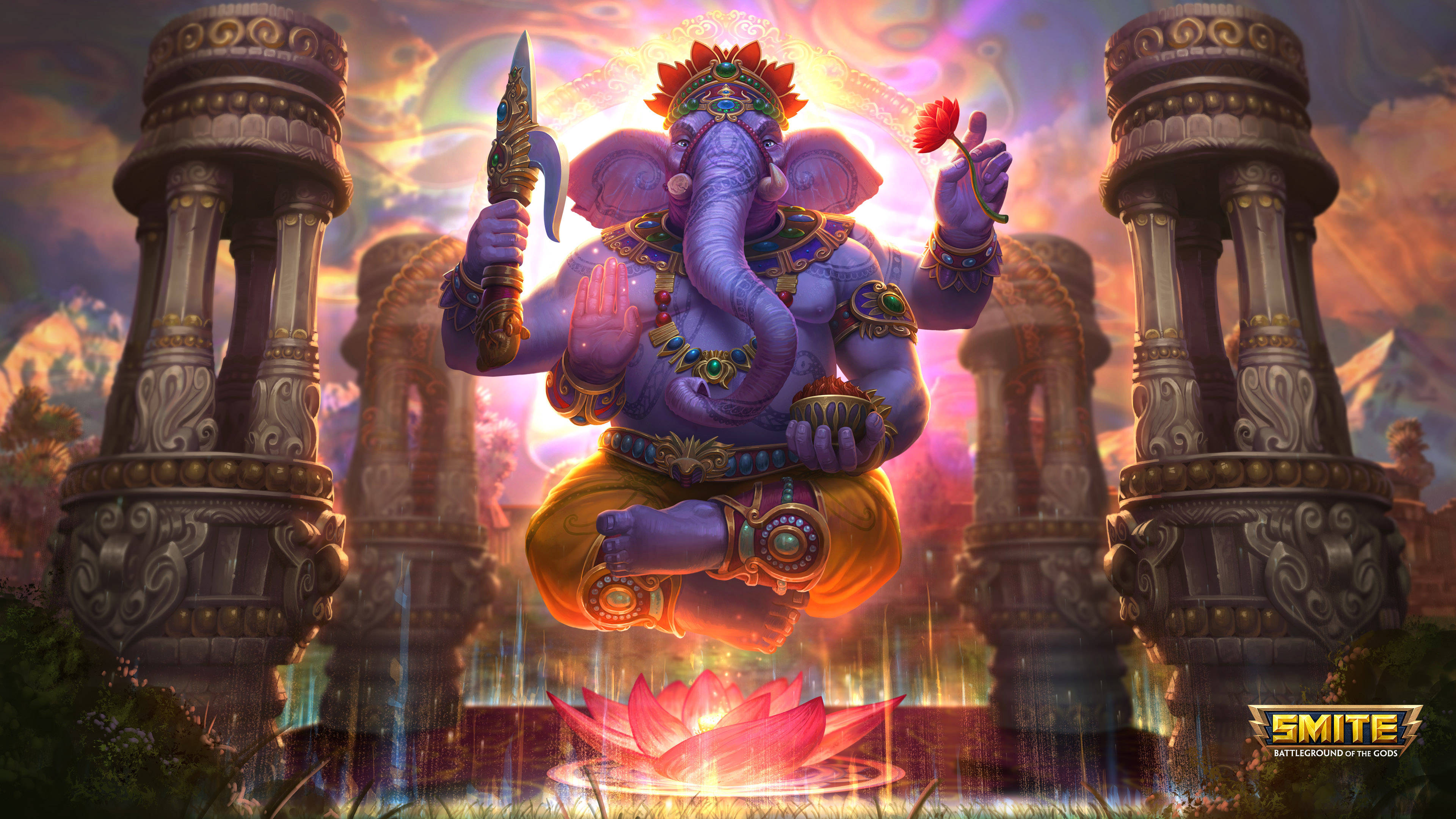 《Smite》遊戲中的漂浮象頭神迦尼薩 4K 壁紙 — 一尊莊嚴的紫色象神漂浮在發光的粉紅色蓮花之上，位於華麗的柱子之間，背景是充滿活力的日落天空。