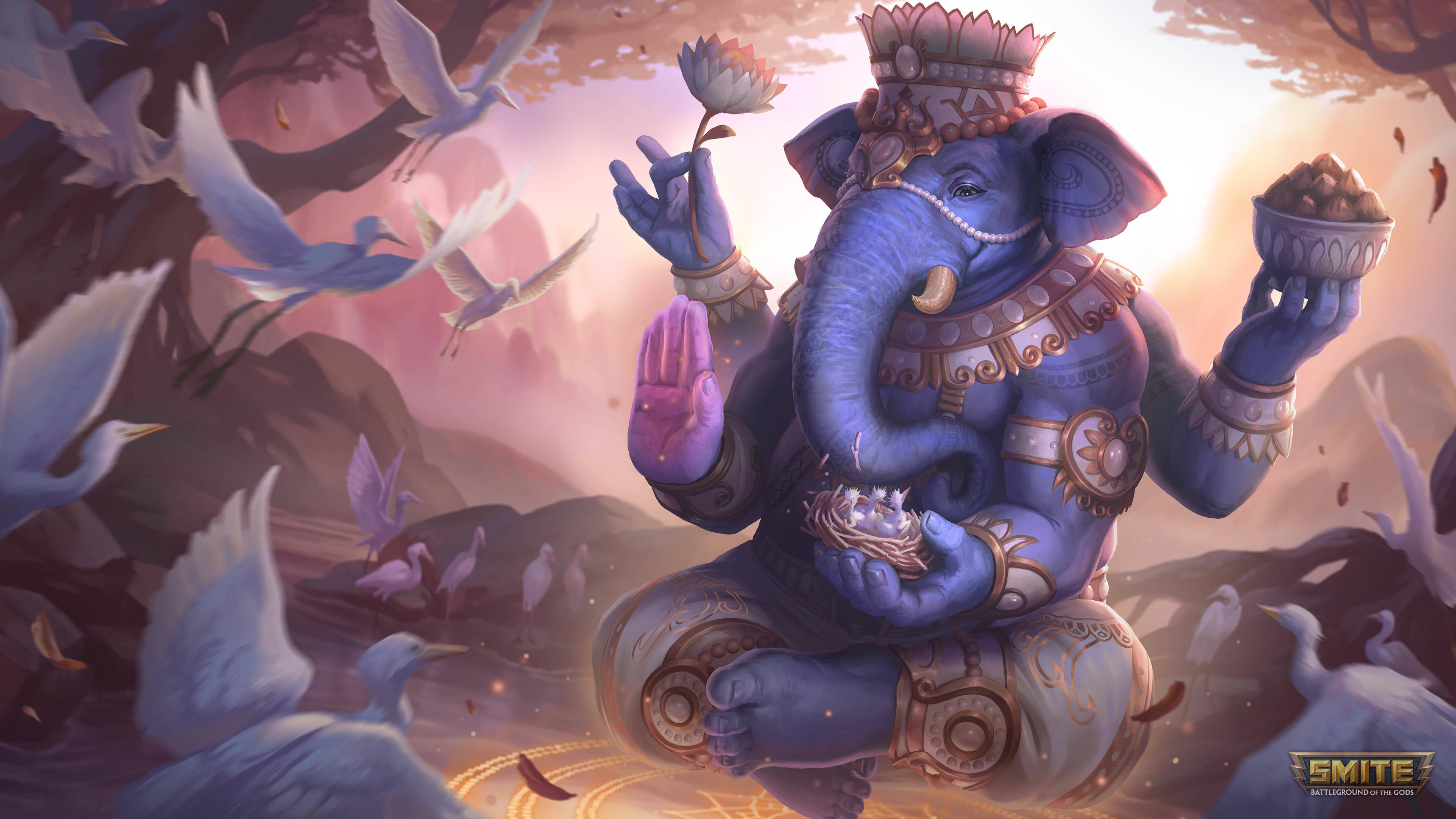 《Smite》遊戲中的迦尼薩與白鶴 4K 壁紙 — 一尊莊嚴的藍色象頭神，飾以華麗的金飾，在溫暖發光的天空下，安詳地坐在飛翔的白鳥之中。