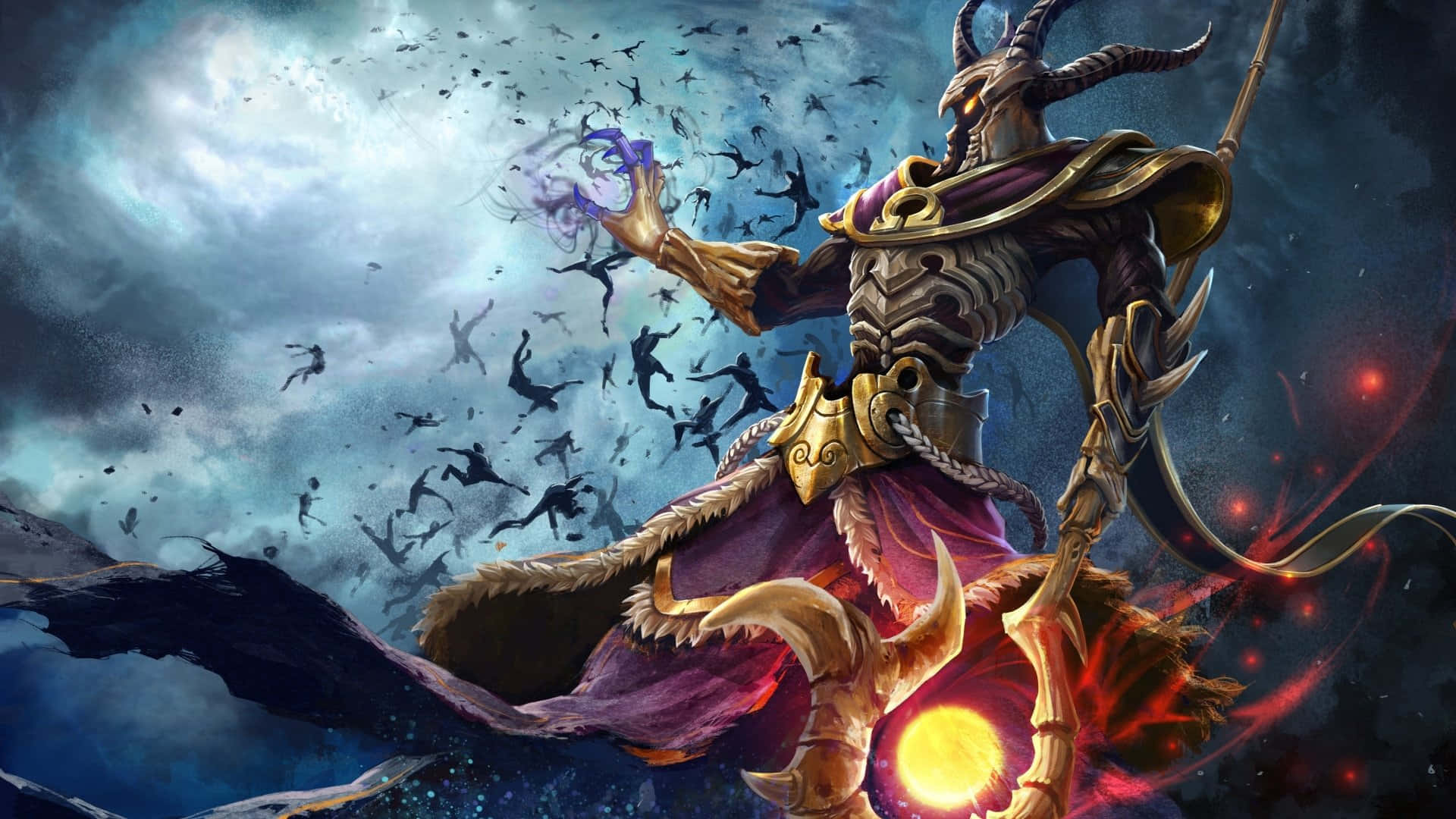 Smite - 稱霸戰場 壁紙 — 一個身穿金色盔甲和紫色斗篷的骷髏黑暗法師，在旋轉的暴風雲和漂浮的陰影人物中召喚出一個發光的球體。
