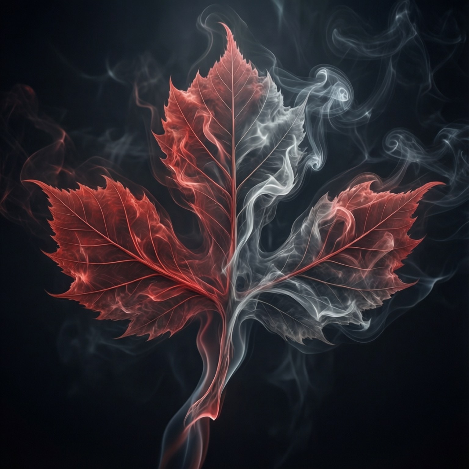 Smoke Buckeye Leaf 壁紙 — 一片楓葉分成兩半，一半發出紅色光芒，另一半在深色背景下逐漸化為白色煙霧。