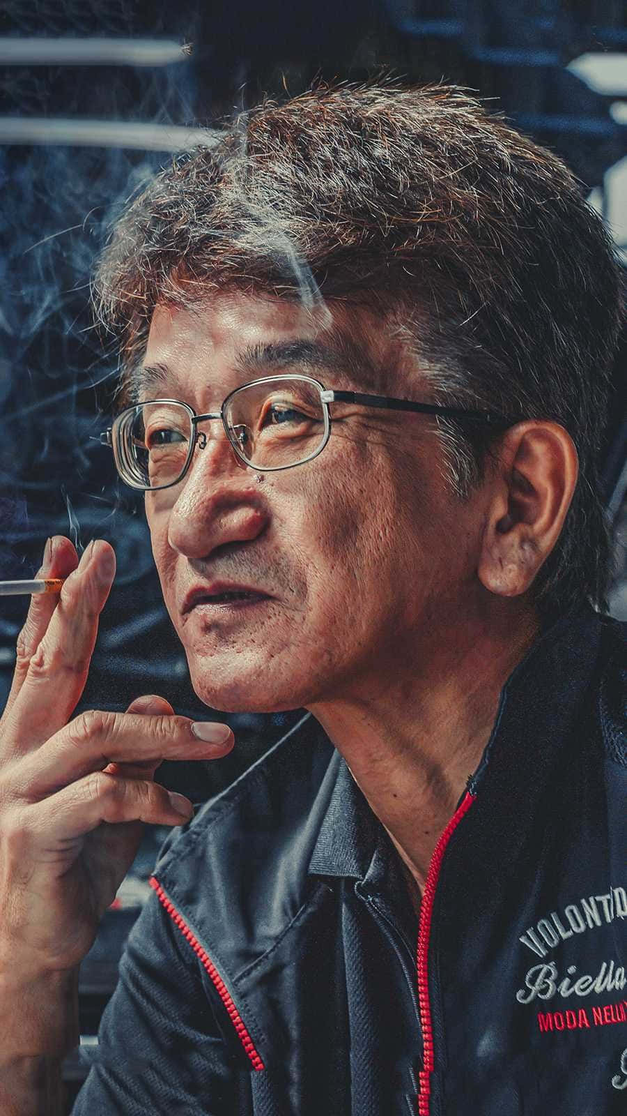 Smokey Nagata近照 壁紙 — 一位戴眼鏡的長者近距離肖像，在黑暗模糊的背景中吸煙。