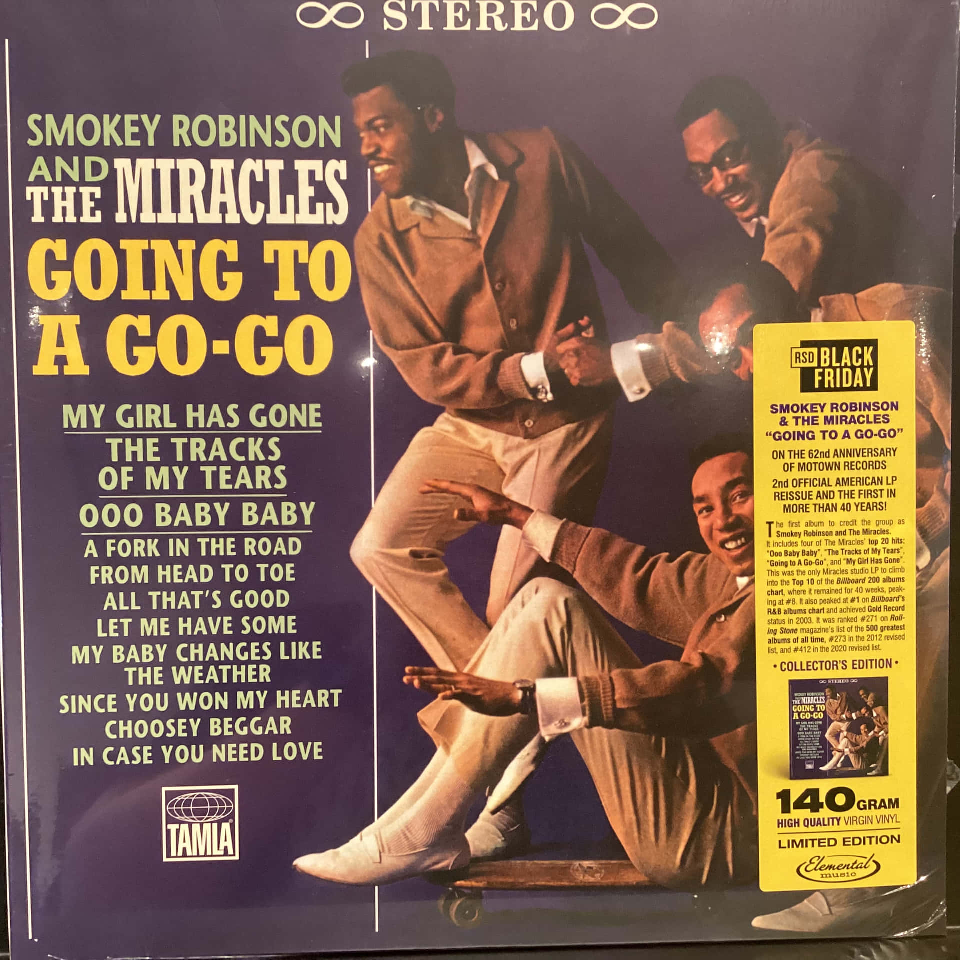 Smokey Robinson and the Miracles 的《Going to a Go-Go》復古黑膠唱片封面，三位微笑男士在滑板上。