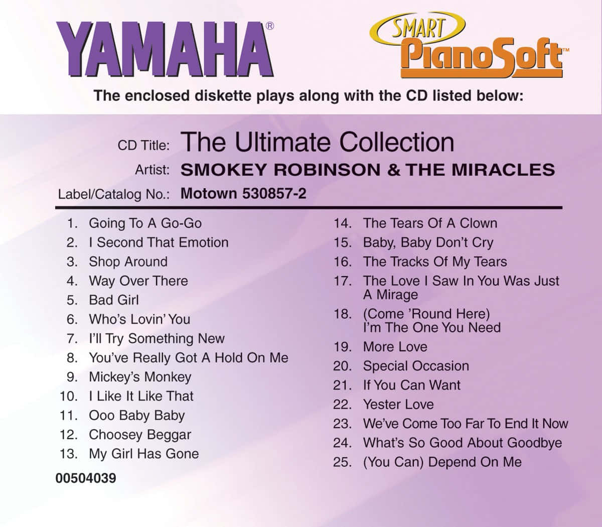 復古Yamaha Smart PianoSoft CD小冊子，用於Smokey Robinson & The Miracles的Ultimate Collection。