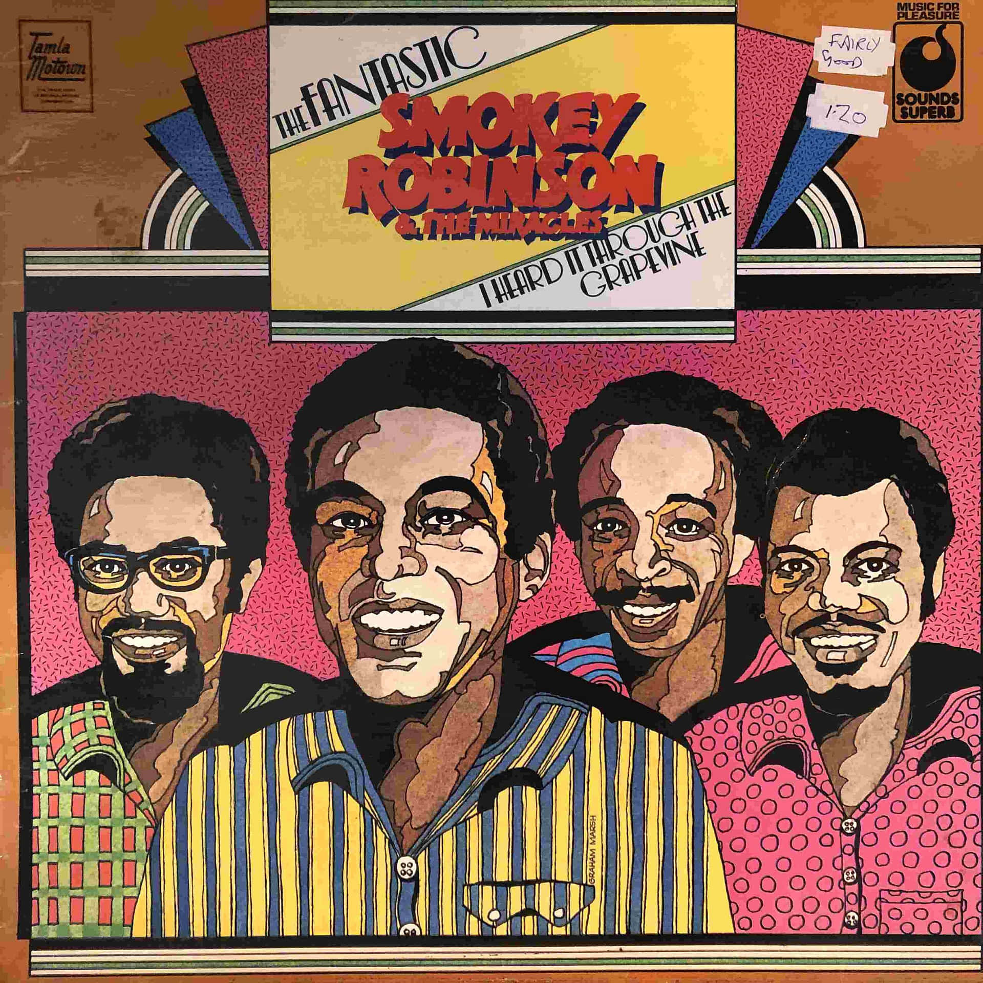 Smokey Robinson and The Miracles 穿著色彩繽紛襯衫微笑的專輯封面插圖。
