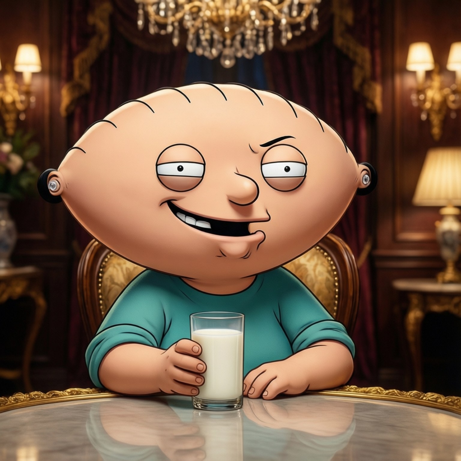 卡通角色 Stewie Griffin 在豪華房間裡拿著一杯牛奶。